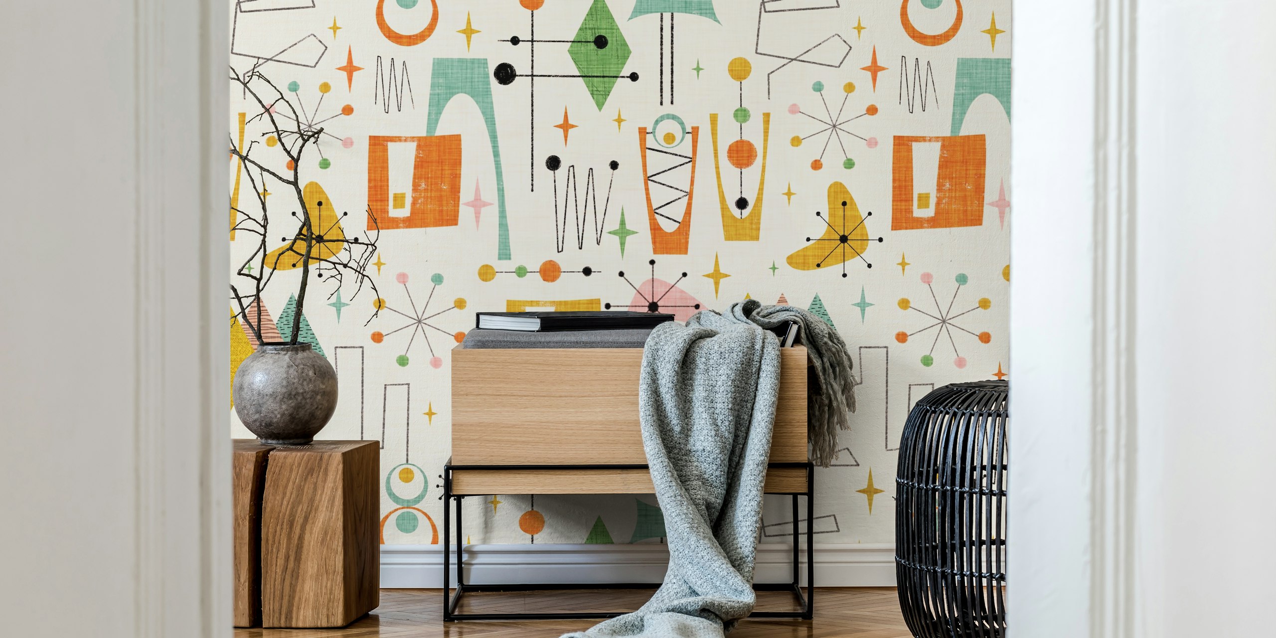 Retro space age inspired wall mural with mid-century modern shapes and celestial motifs