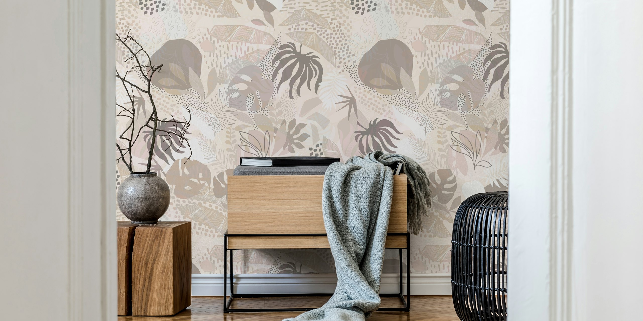 Ανοιχτόχρωμο Tropical Boho Foliage Τοιχογραφία Με Λεπτά Φυτικά Σχέδια