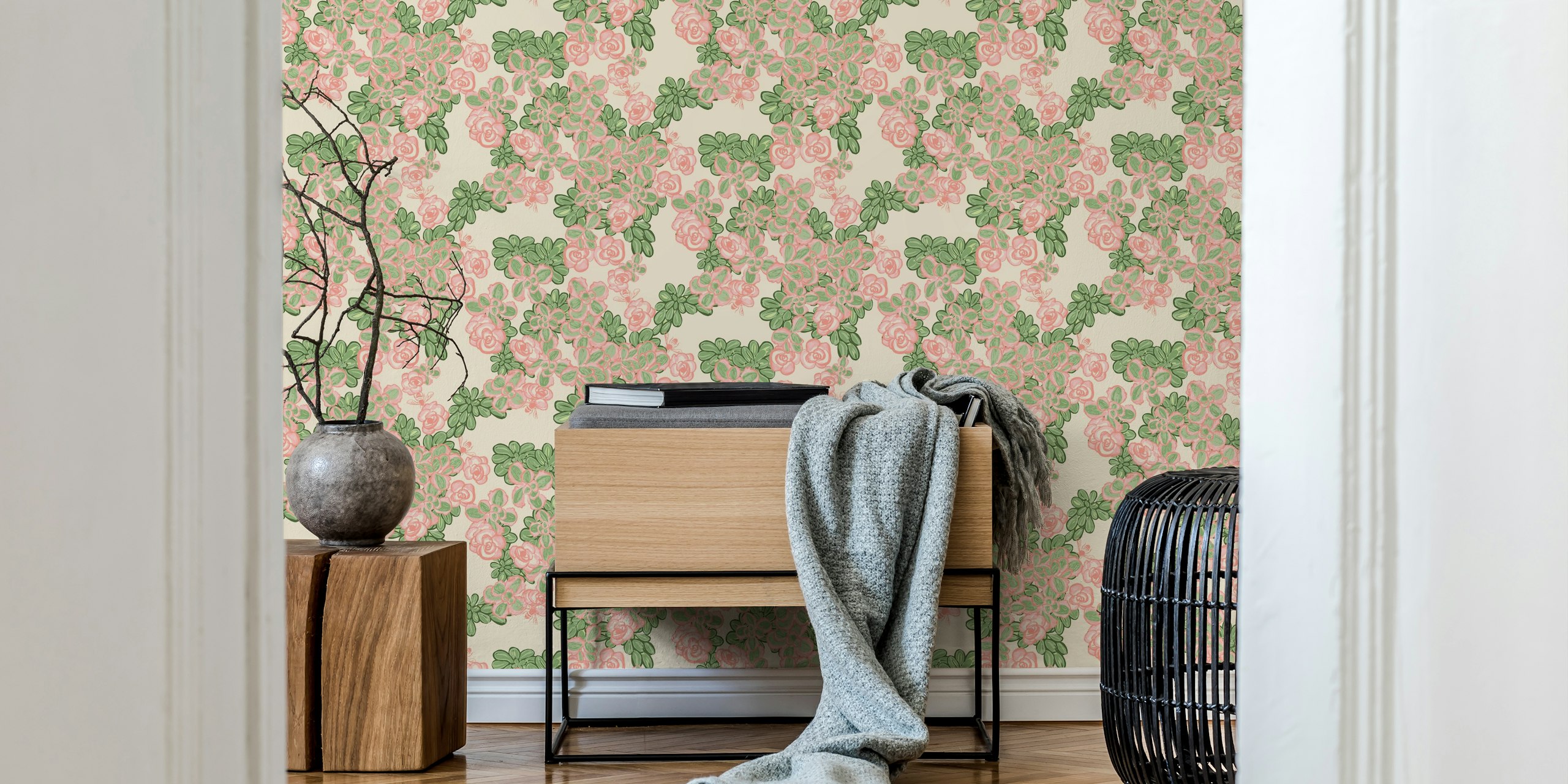 Pink and green floral pattern on antique white wallpaper