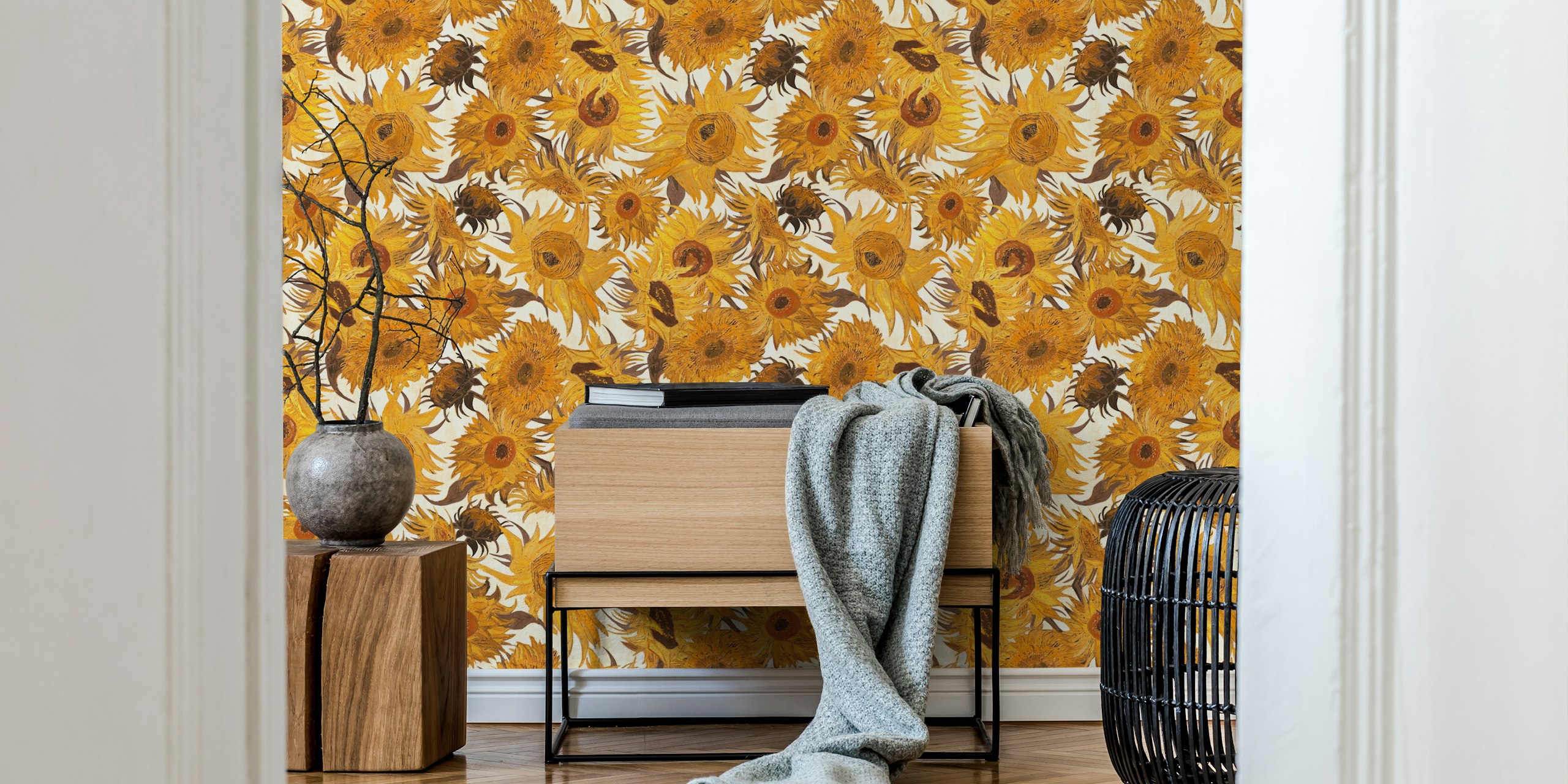 Van Gogh-inspired sunflowers pattern wall mural in cream, yellow, rust, and brown
