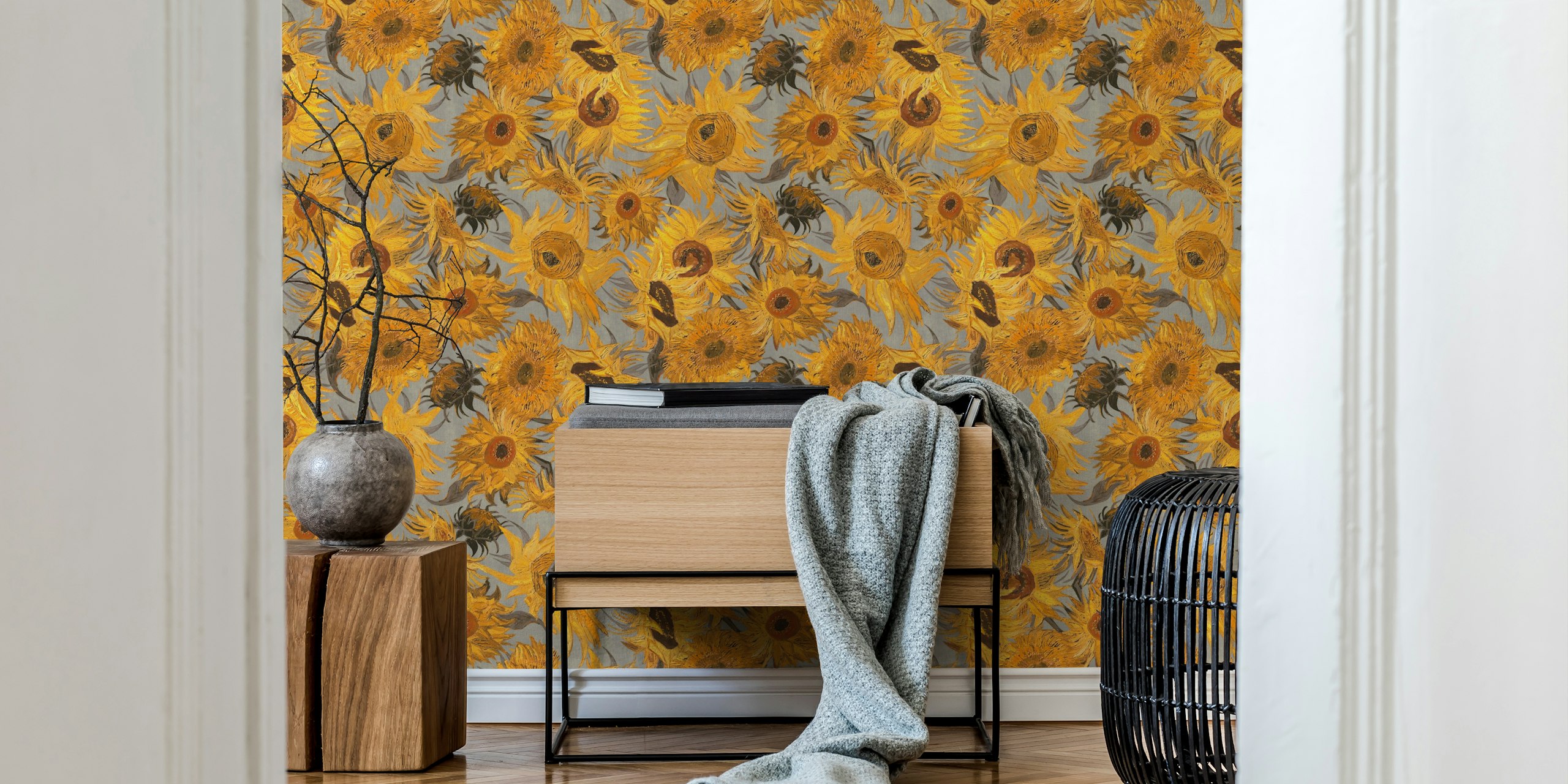 Van Gogh sunflower pattern wallpaper in a room