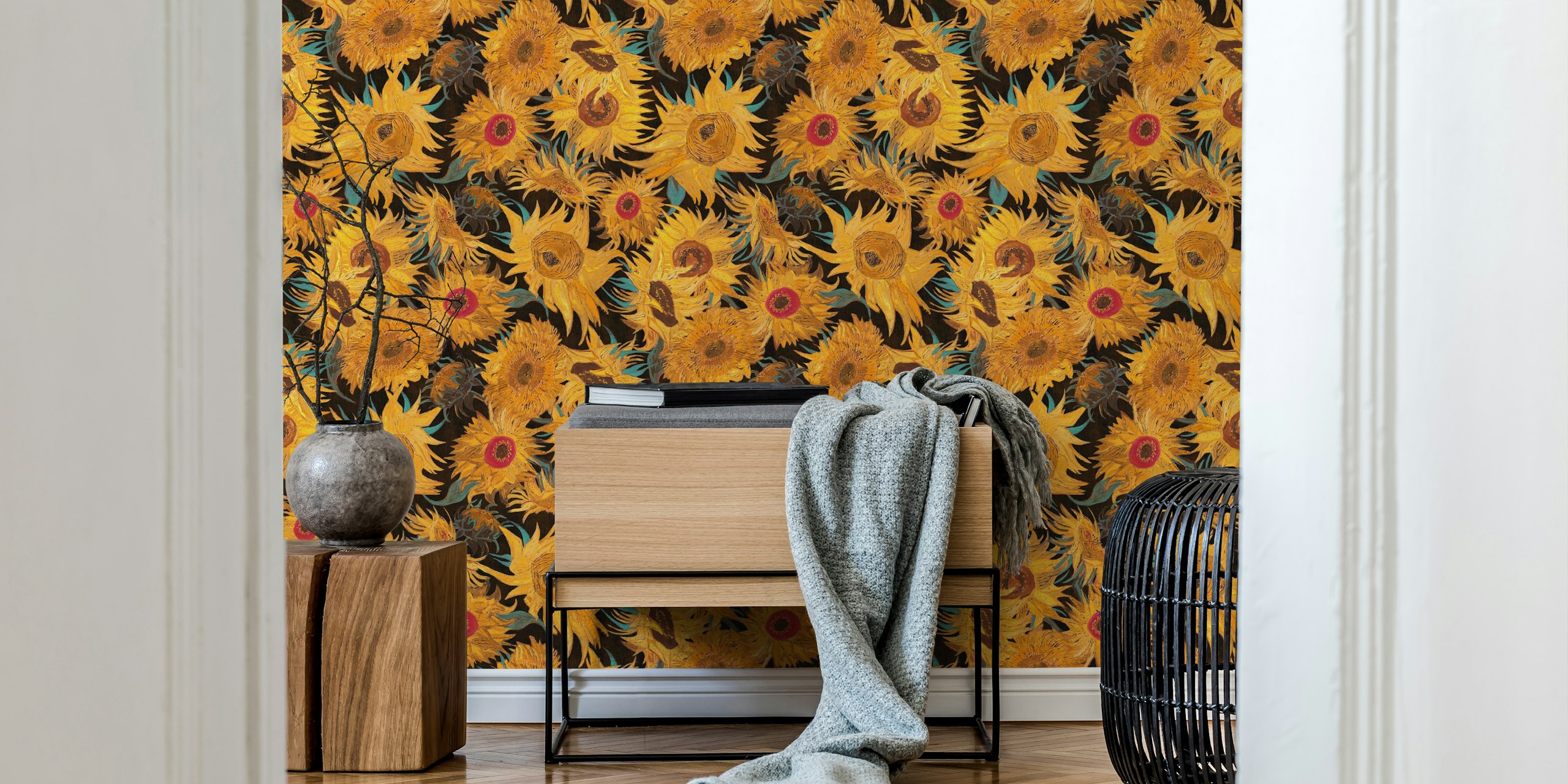 Van Gogh sunflowers wallpaper in living room