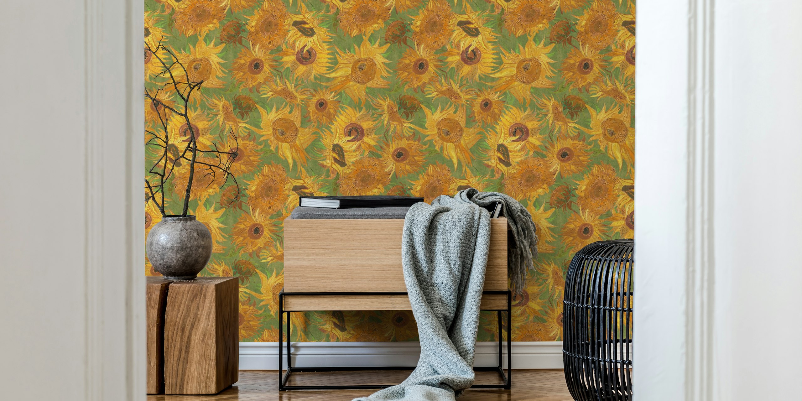 Tapeta Van Gogh sunflowers vystavená v pokoji