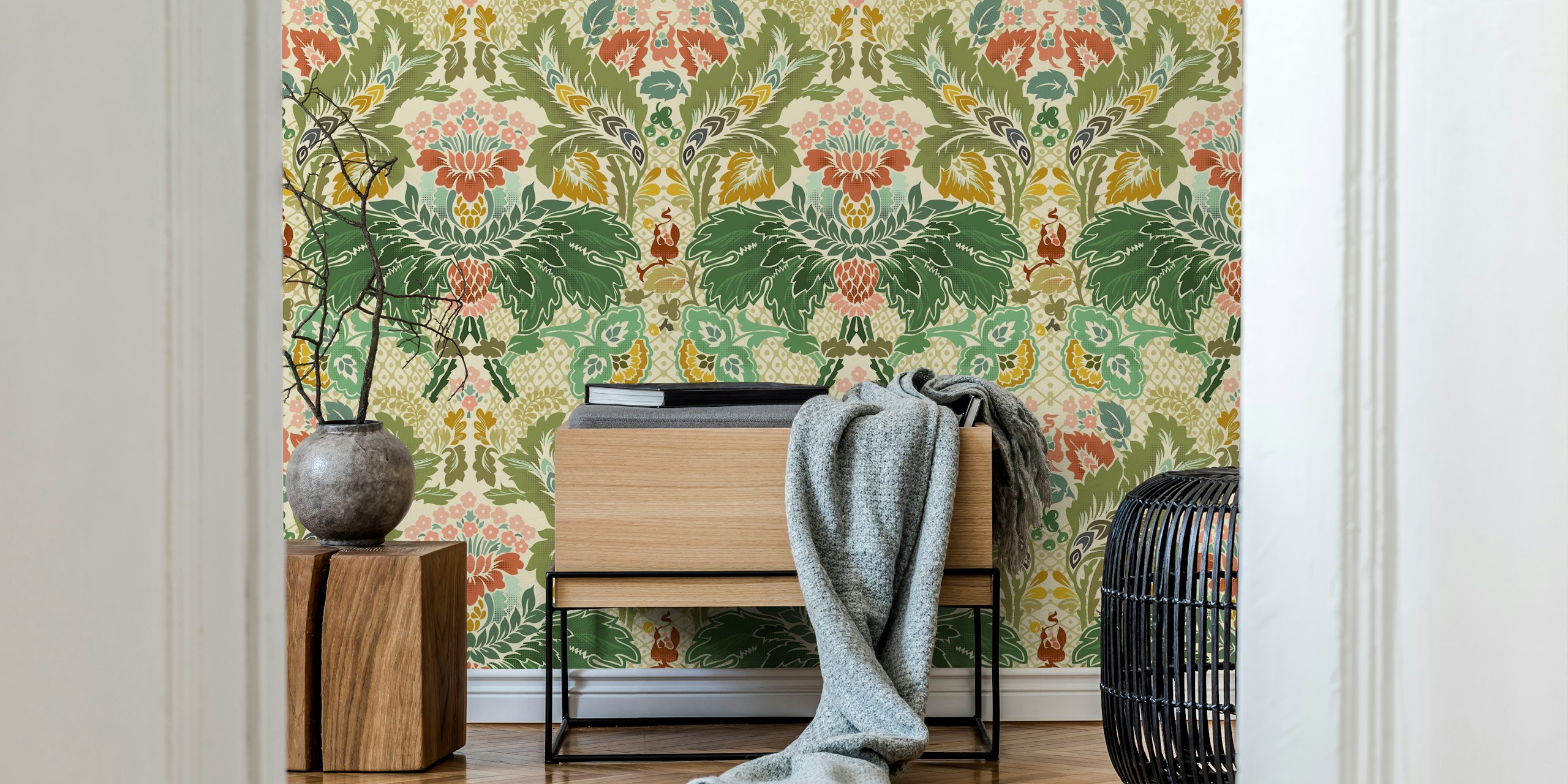 Vintage floral damask pattern in green and pink on ivory wallpaper