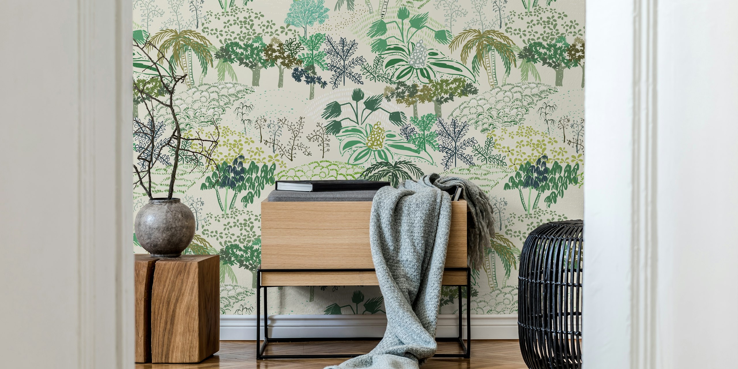 Italiensk landskap grön tapet i ett rum