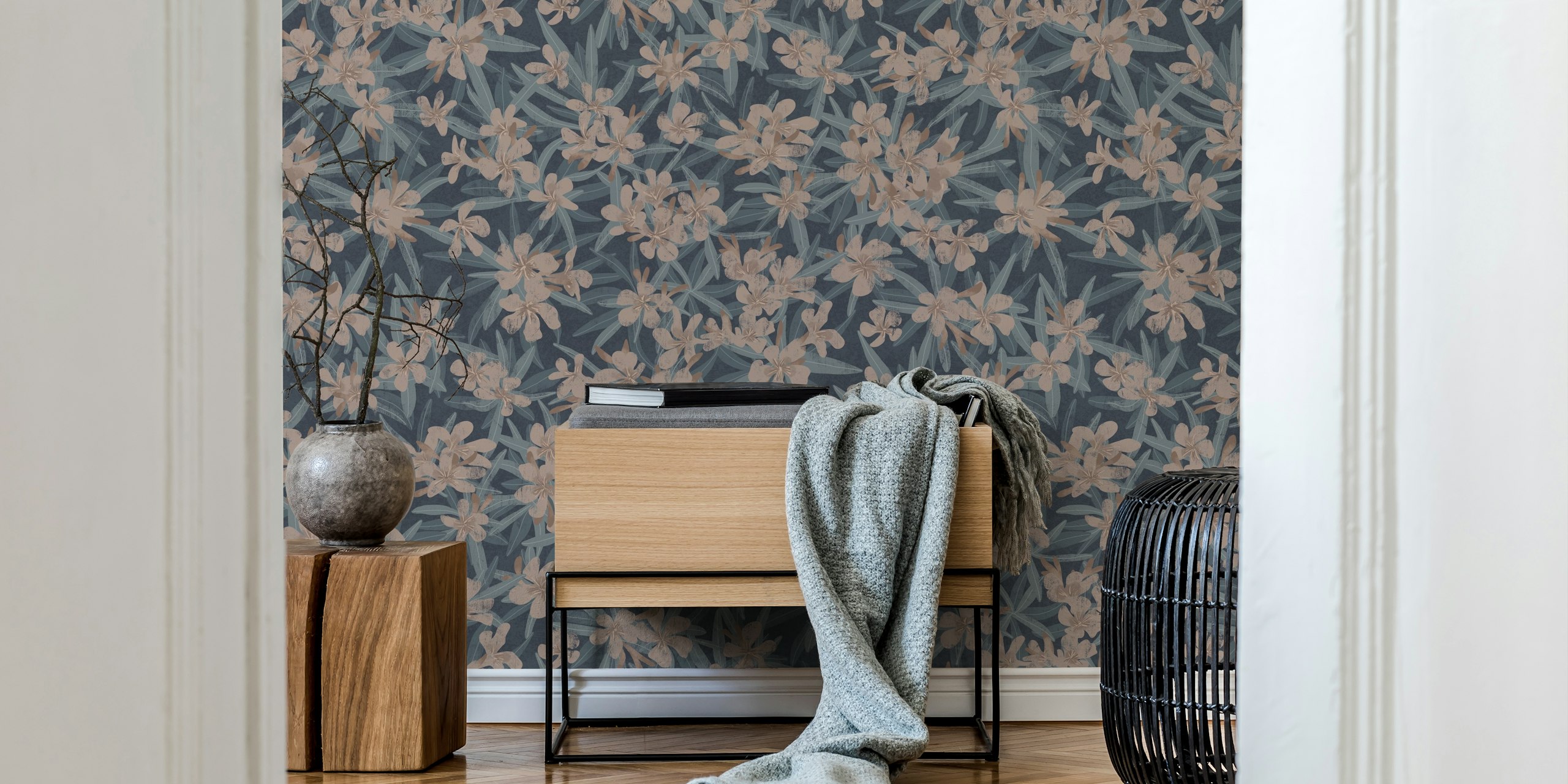 Oleander blue & taupe floral wallpaper in a room.