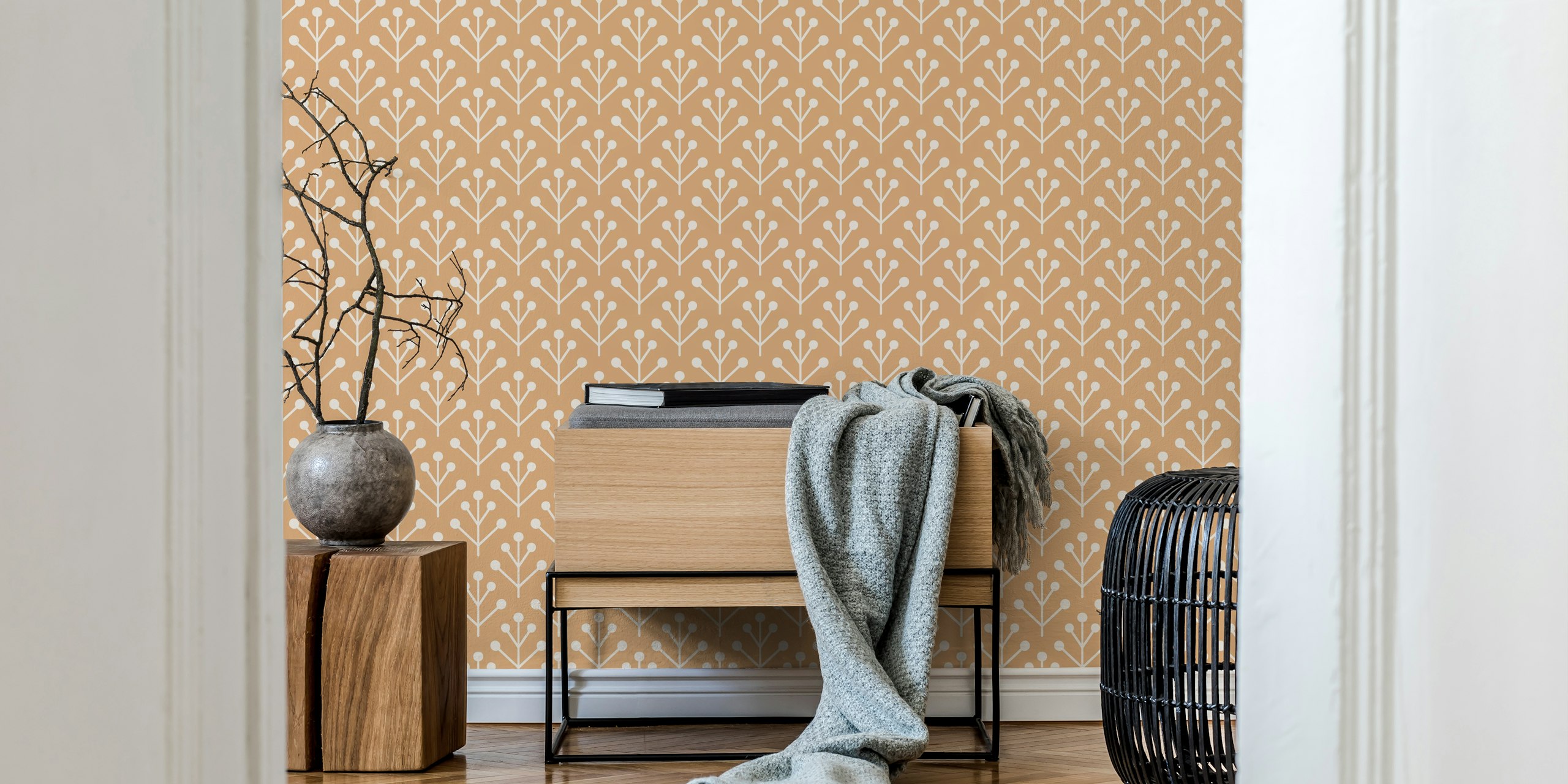 Berry Twig Scandi yellow beige wallpaper in a room