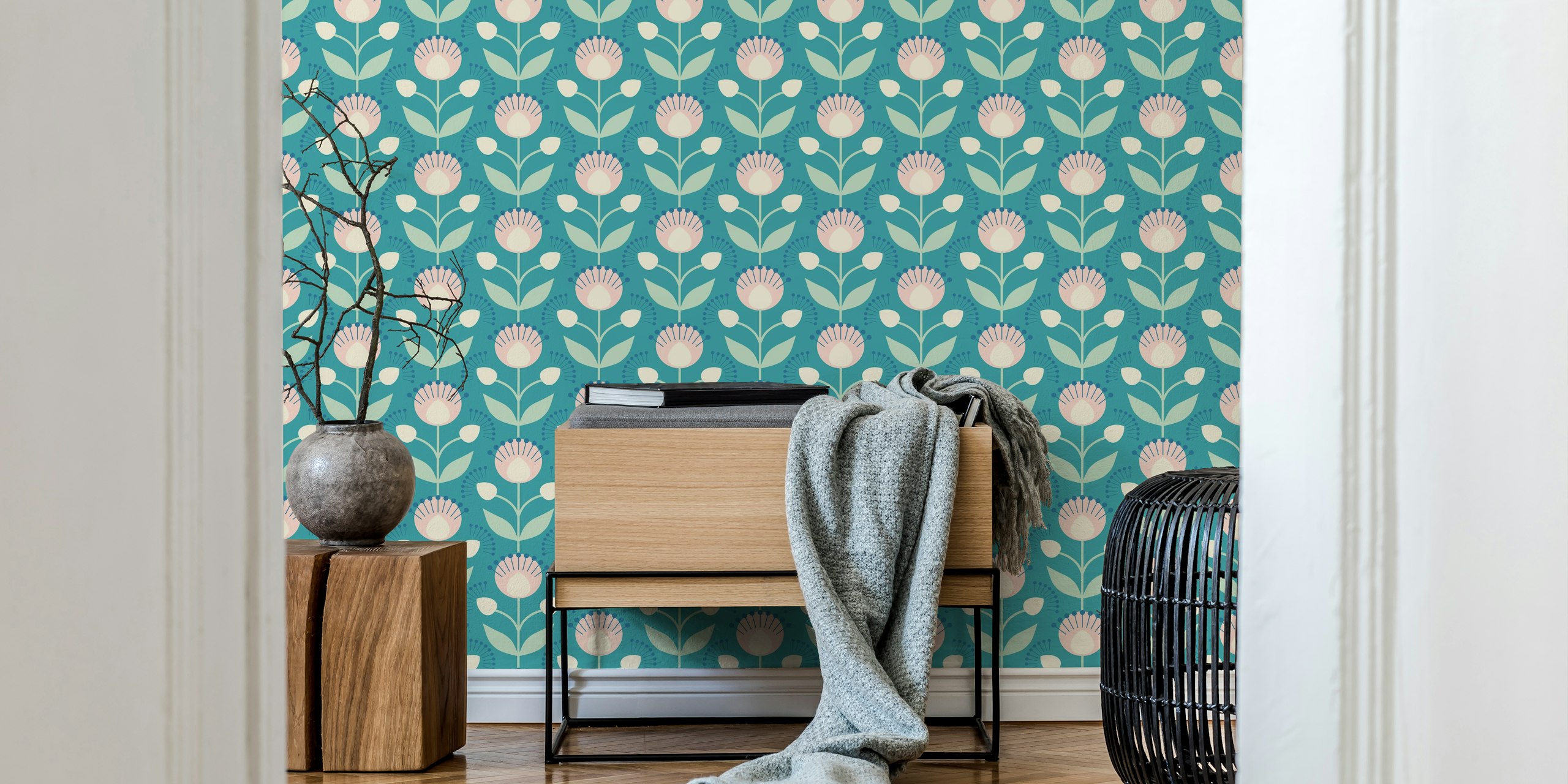 Maximalist floral retro aqua wallpaper design
