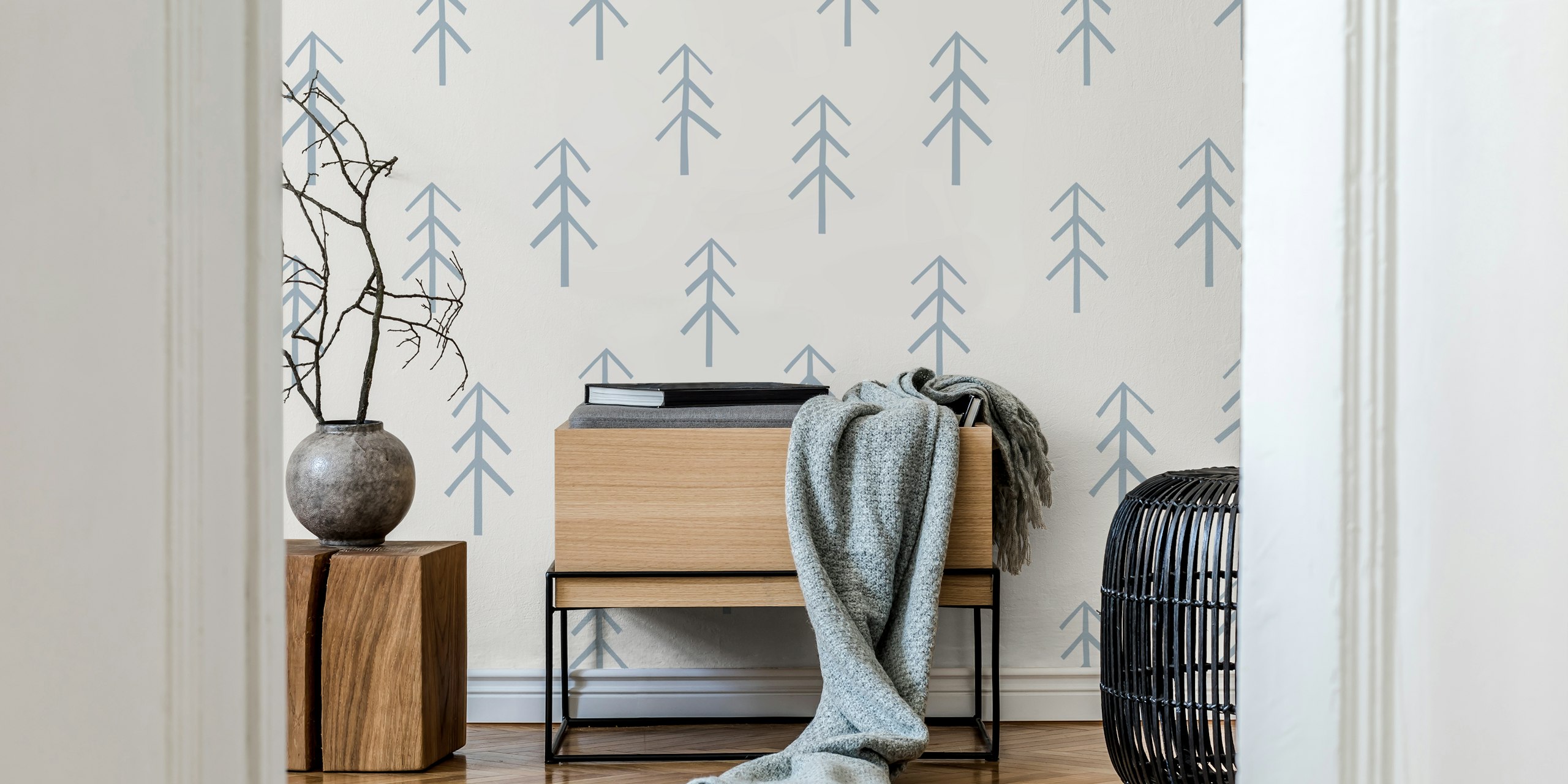 Forest trees in light blue on grey background wallpaper