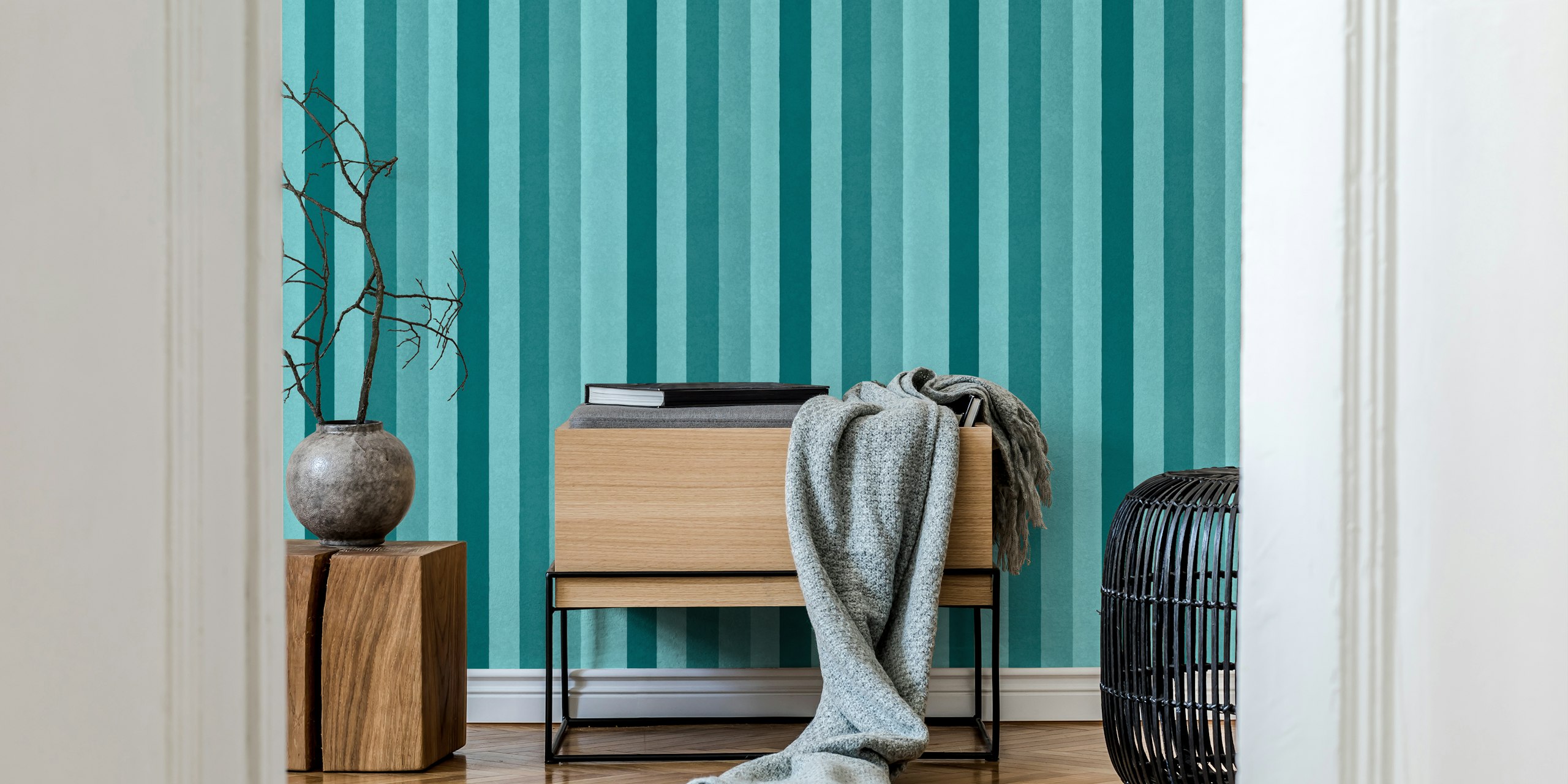 Teal striped wallpaper with varying shades and textures