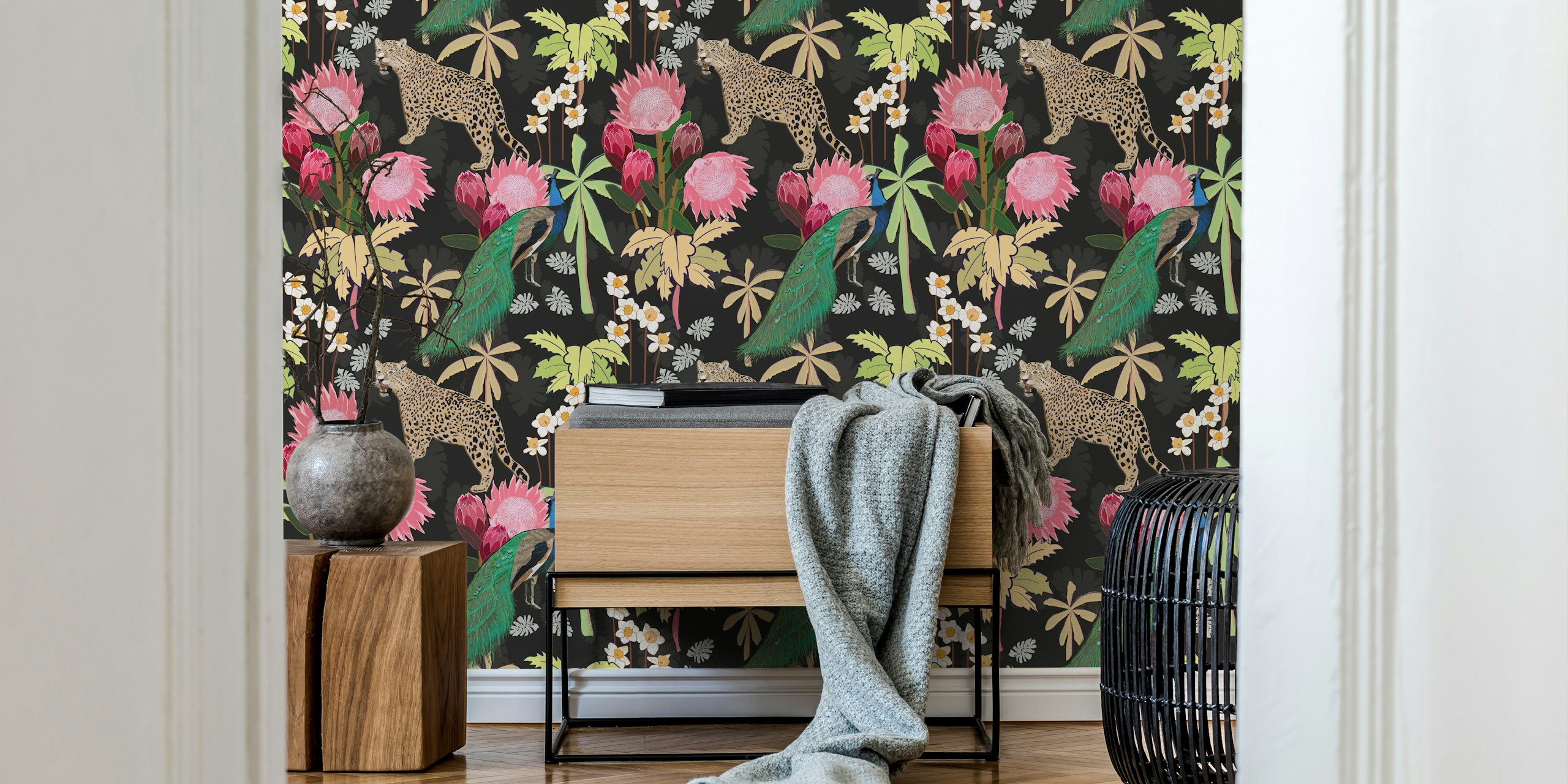 Tiger and peacock among pink tropical flowers and green leaves wallpaper