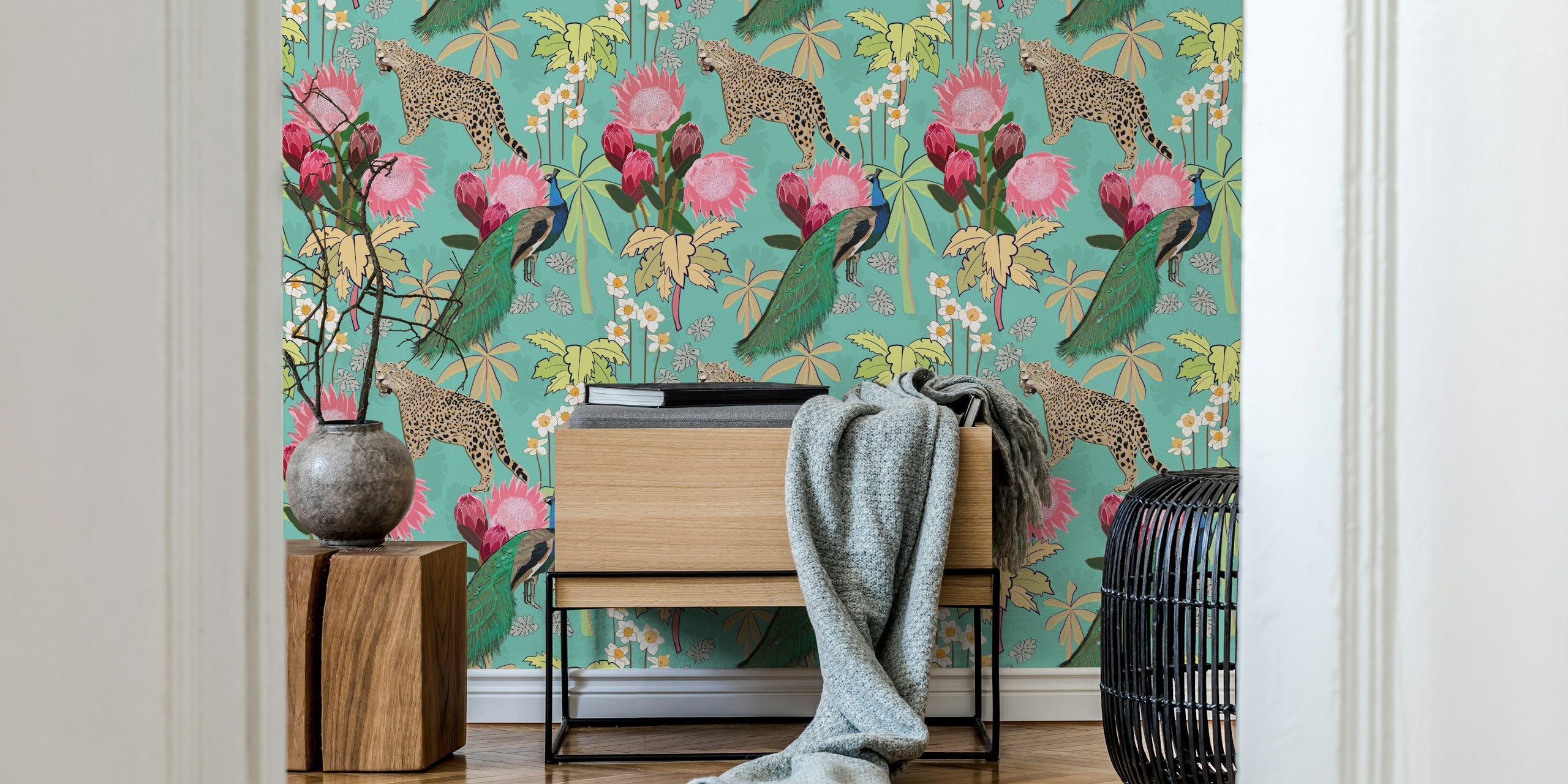 Artistic Tiger and peacock wall mural design