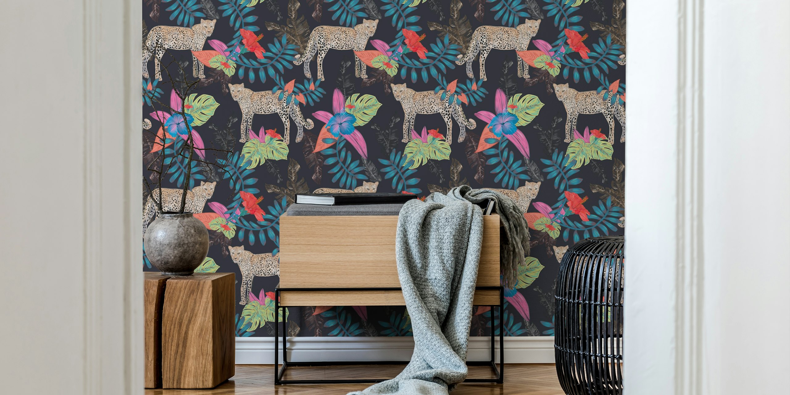 Hand drawn leopard wallpaper with tropical leaves