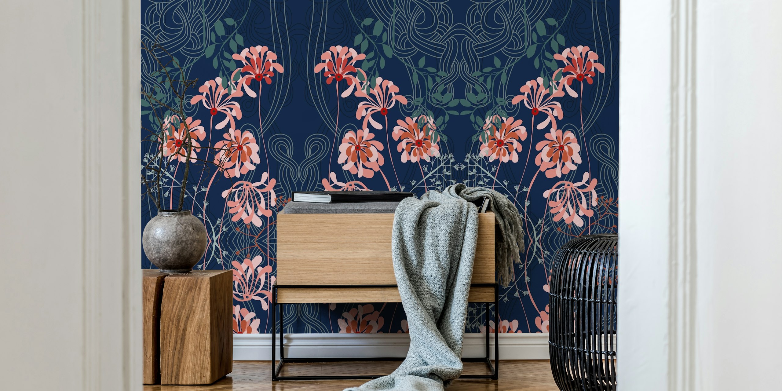 Fleurs roses et vertes sur fond bleu foncé, style Art Nouveau wallpaper