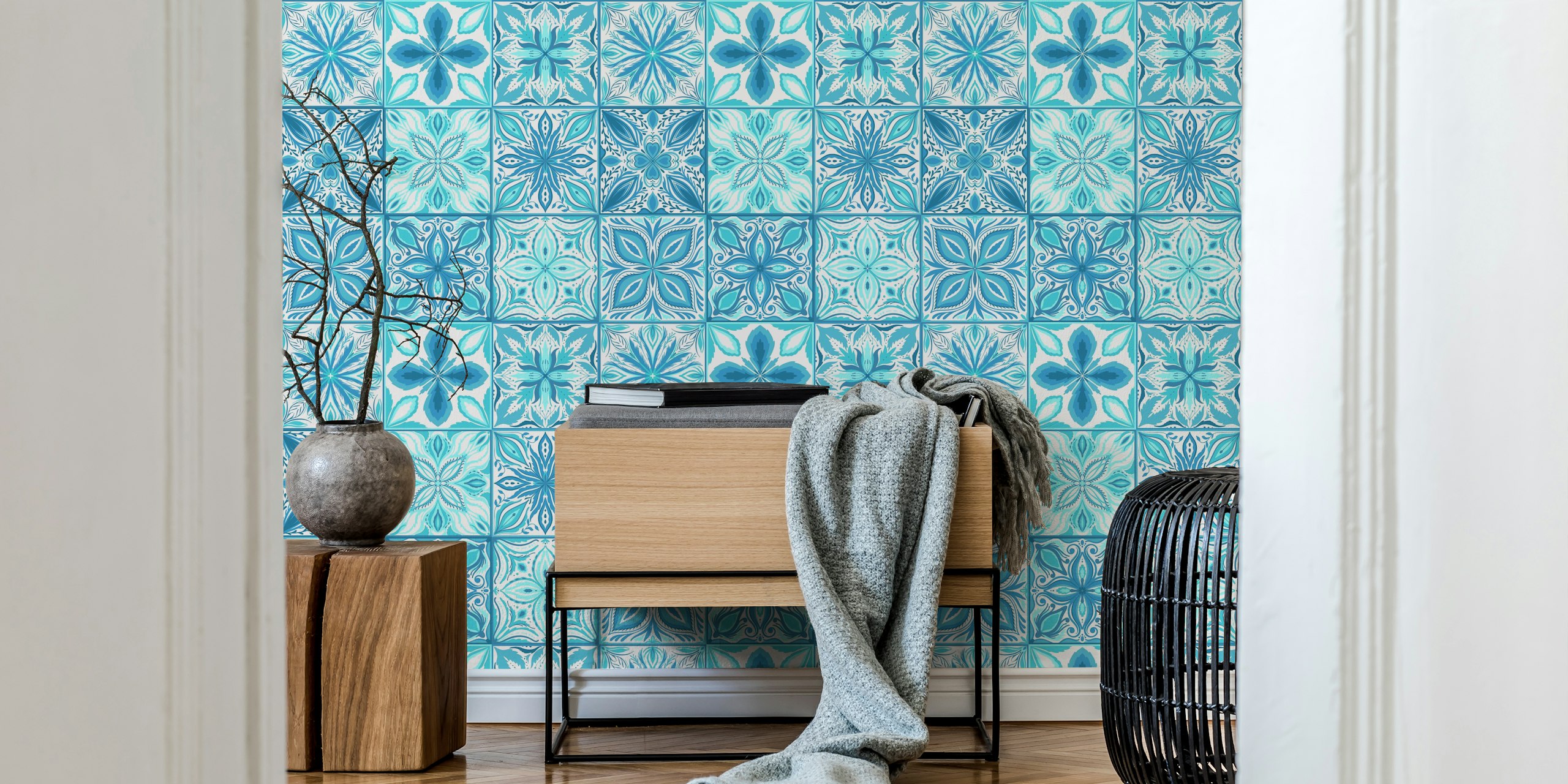 Ornate blue and white tile wallpaper in a room