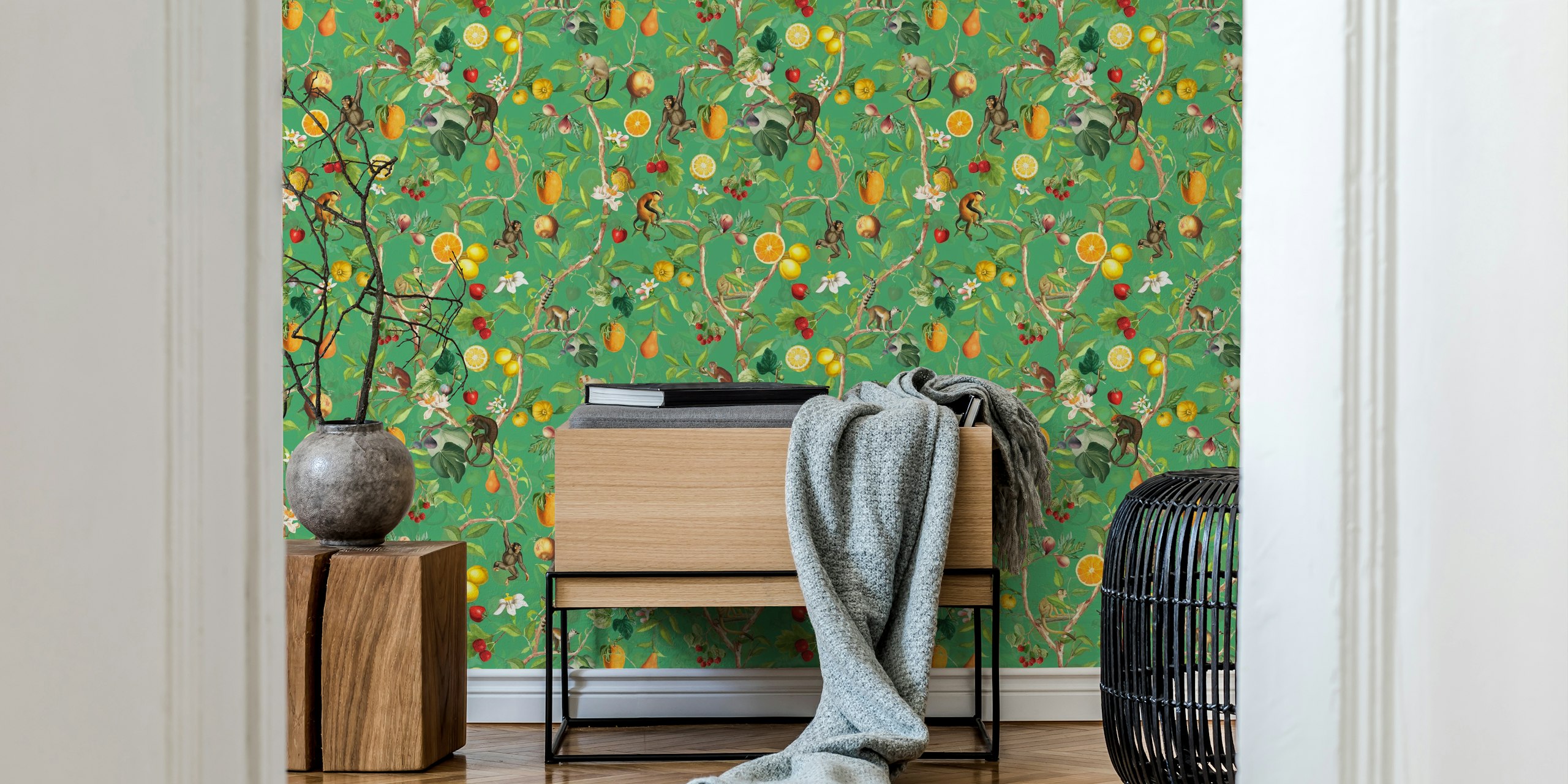 Monkeys Chinoiserie Jungle 3 wallpaper in a room