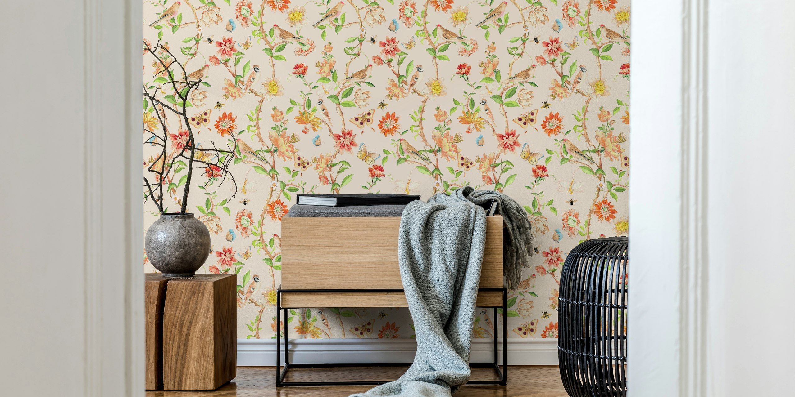 Colorful floral wallpaper with birds and butterflies on a soft pink backdrop