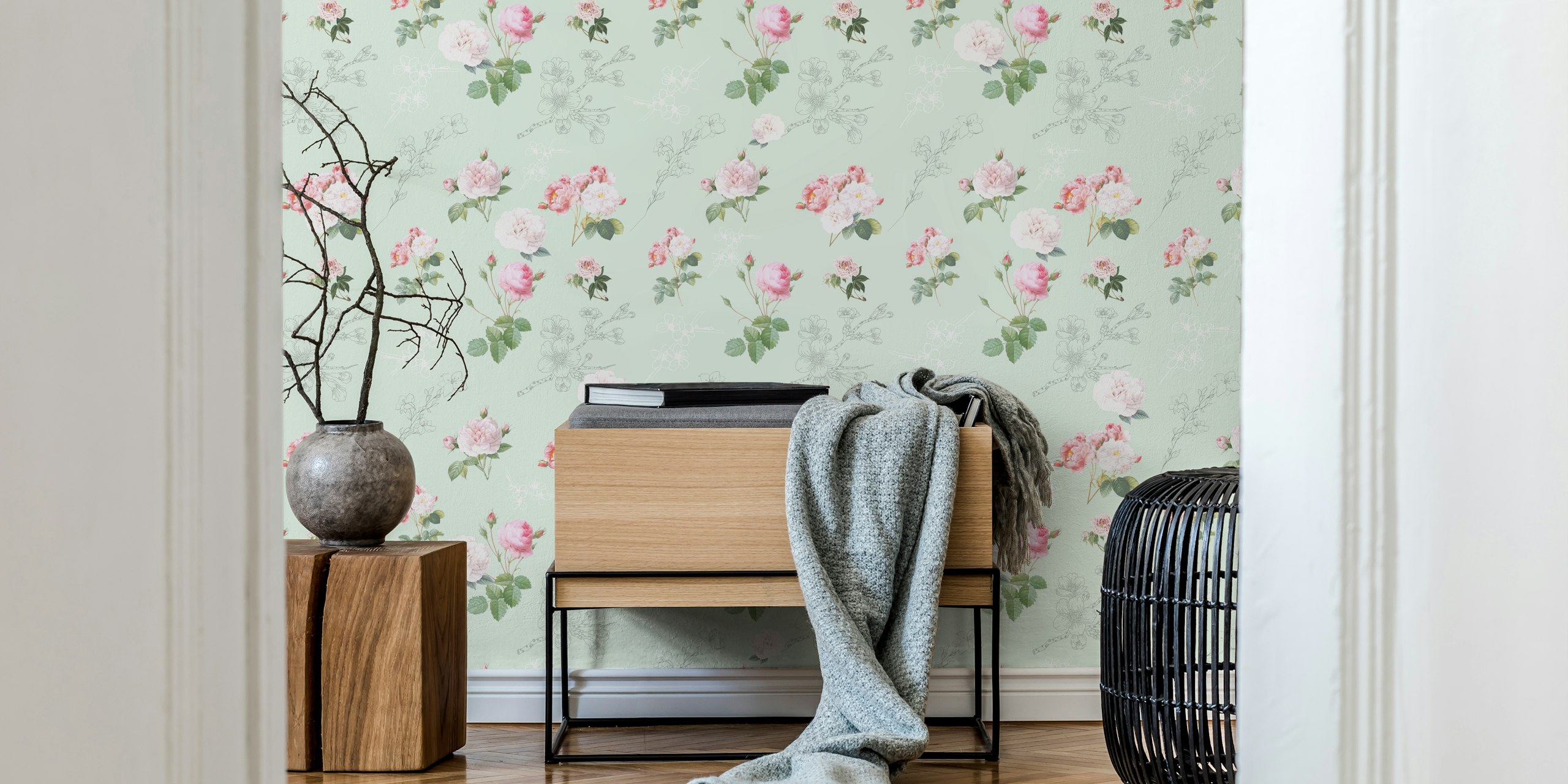 Pastel roses in pink and white on mint green wallpaper