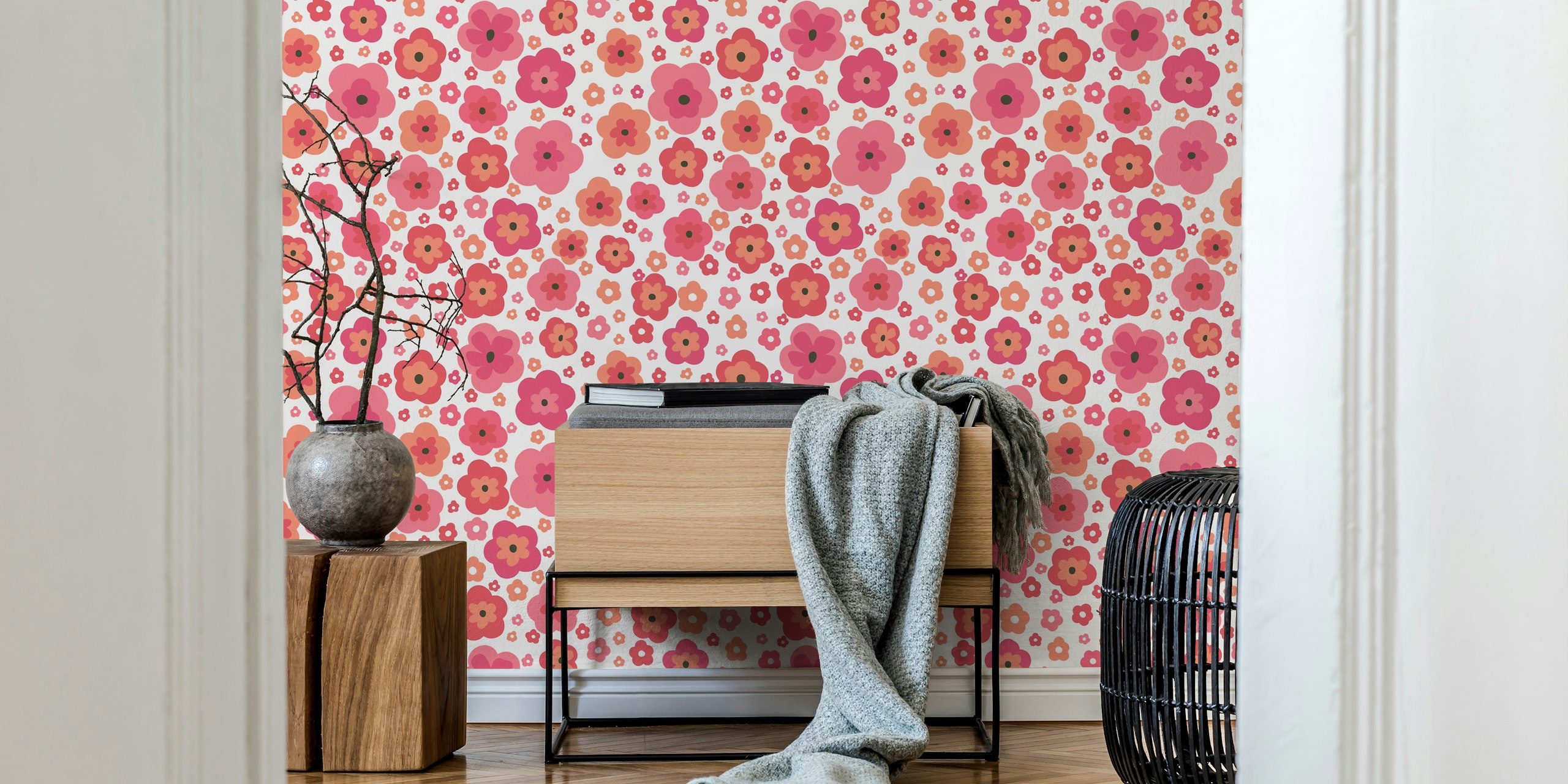 Colorful pink and red flower pattern wallpaper