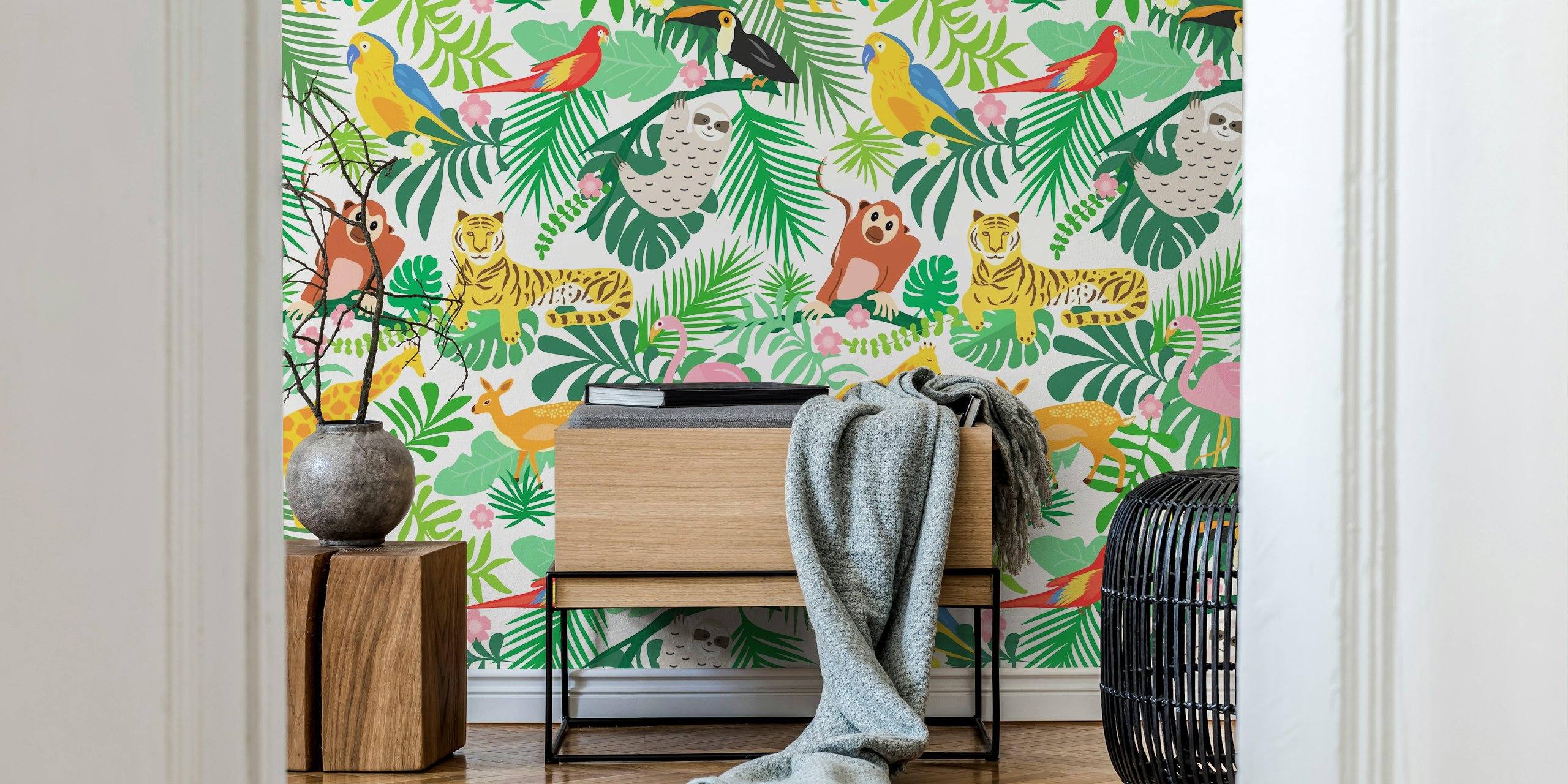Colorful jungle animals on green foliage wallpaper