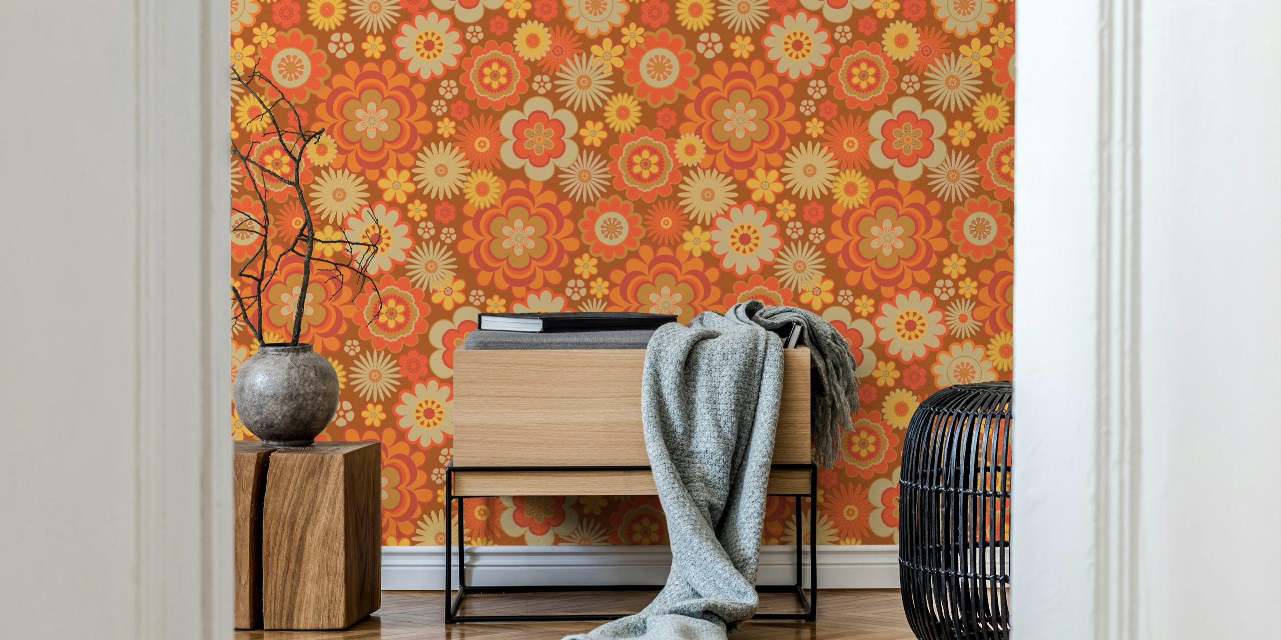 Large retro floral patterns in orange, yellow, and beige tones wallpaper