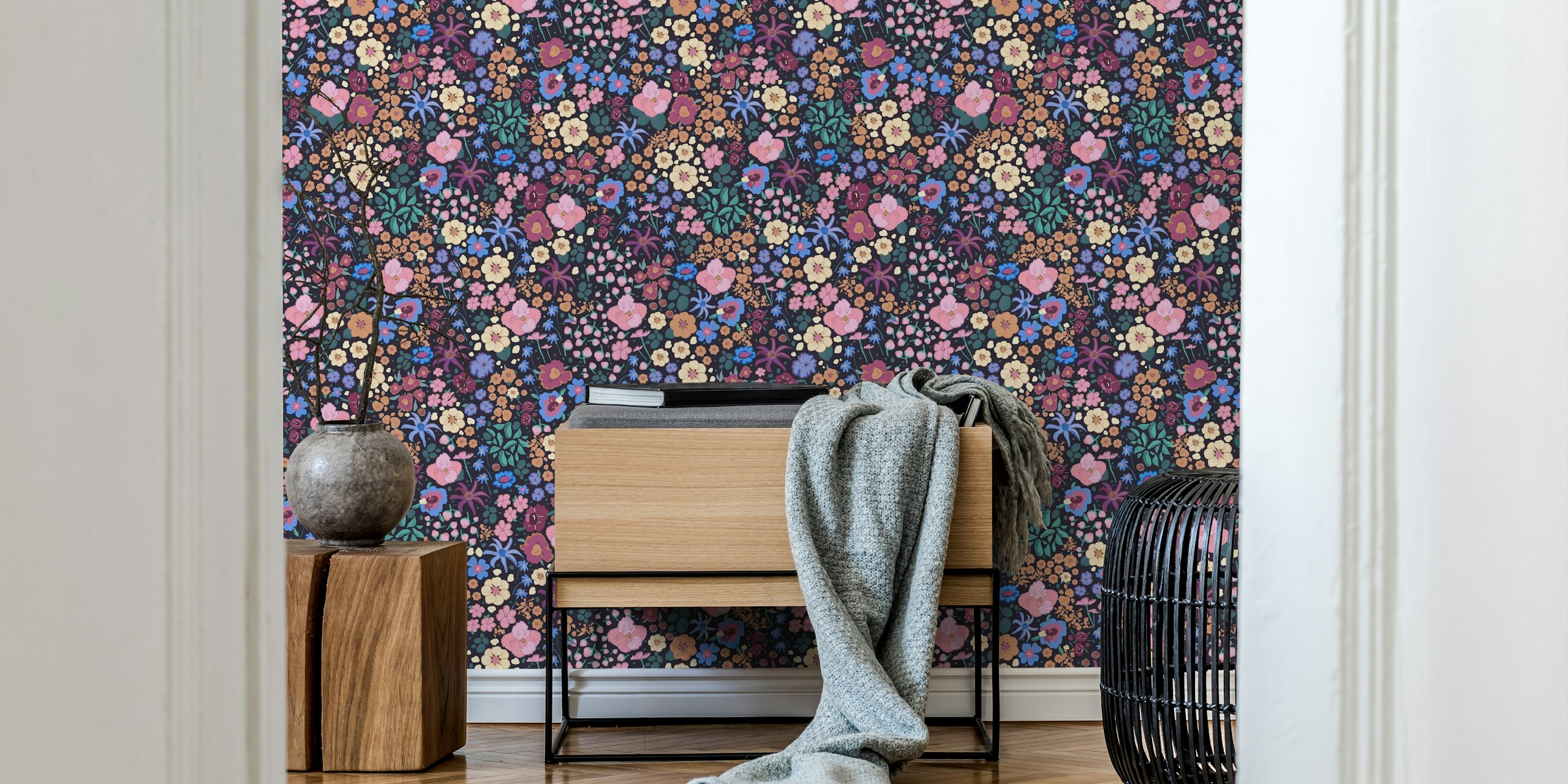 Ditsy colorful pink, purple, blue flowers pattern design