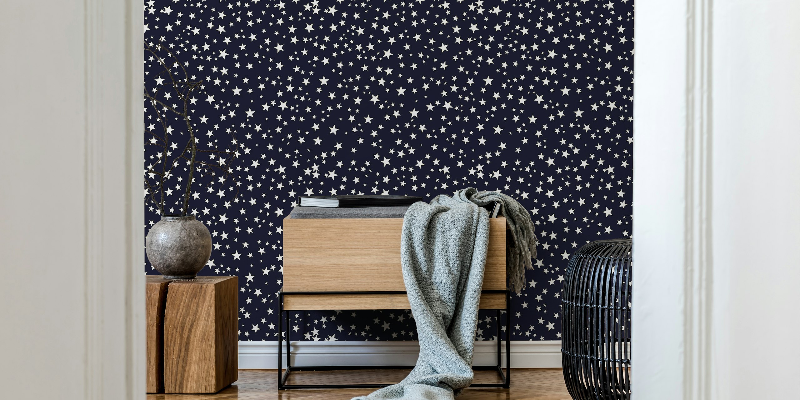 Golden and white stars on navy wallpaper
