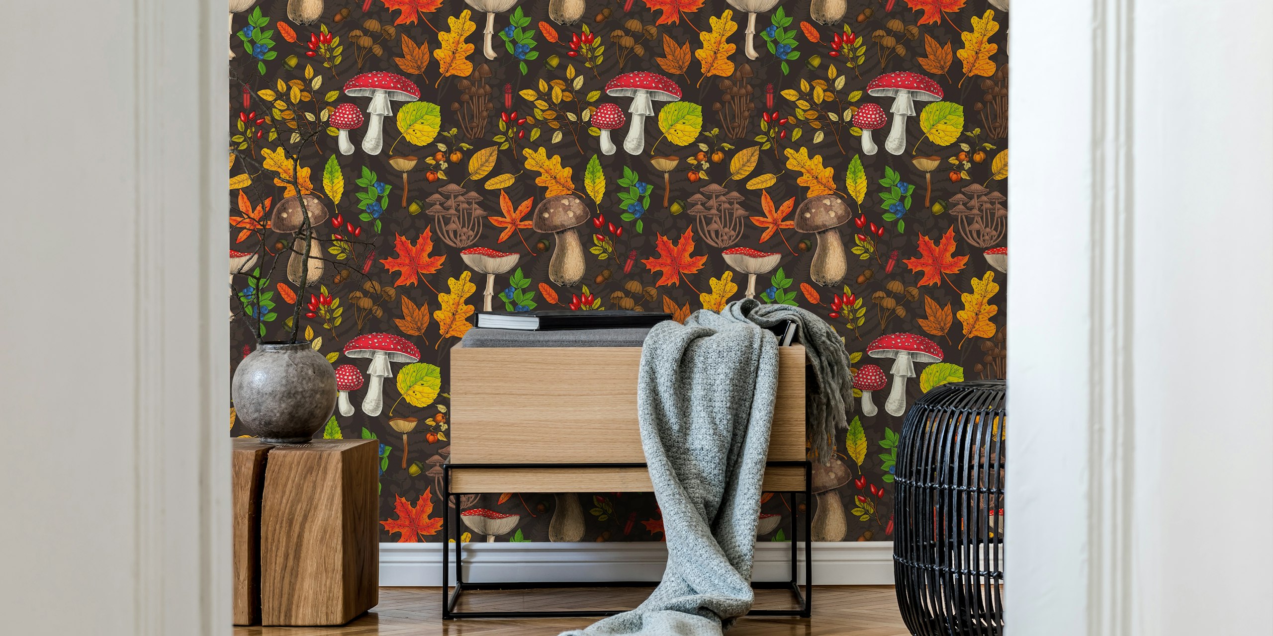 Autumn-themed wall mural with mushrooms, fallen leaves, nuts, and berries on a dark brown background