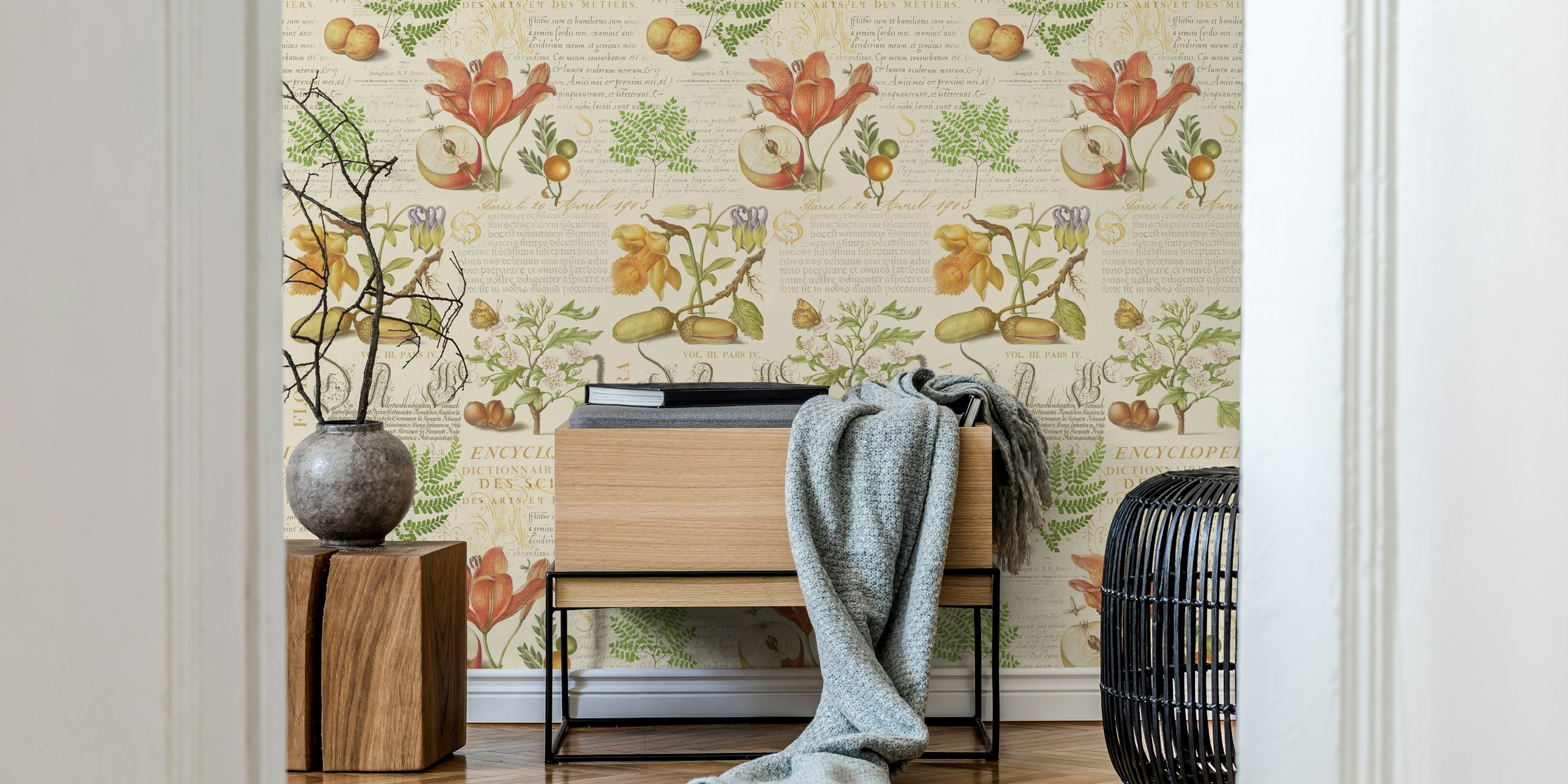 Botanische wallpapers met fruit en kalligrafie