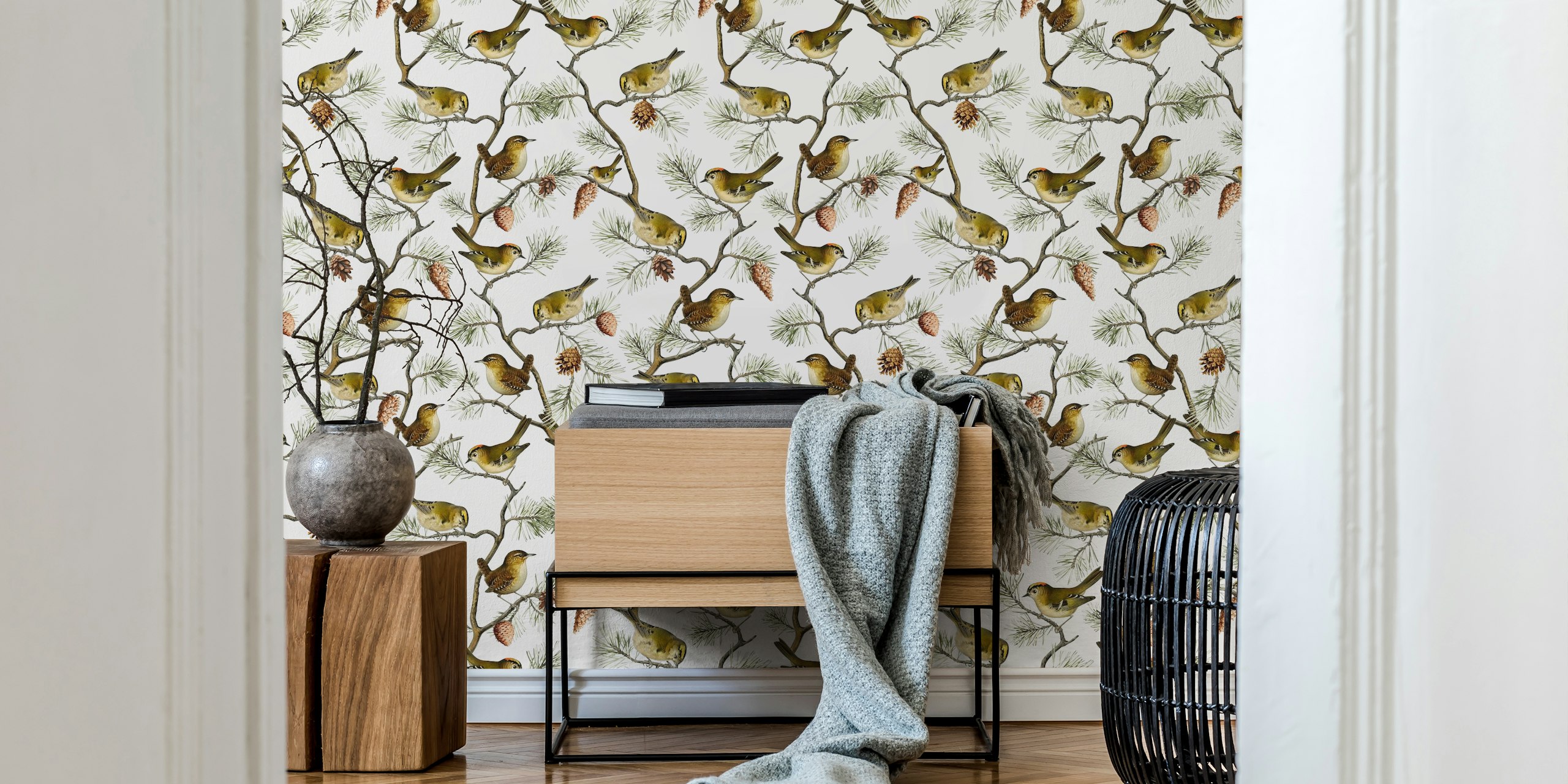 Vintage wallpaper design with birds and branches.
