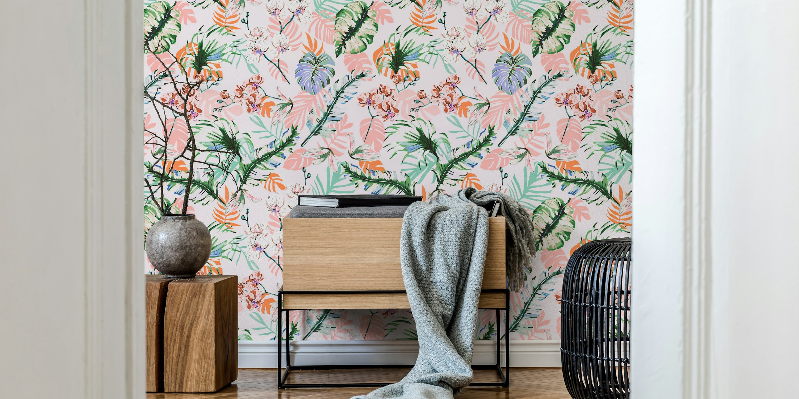 Pastel-colored jungle-themed wall mural with a variety of tropical leaves and flowers
