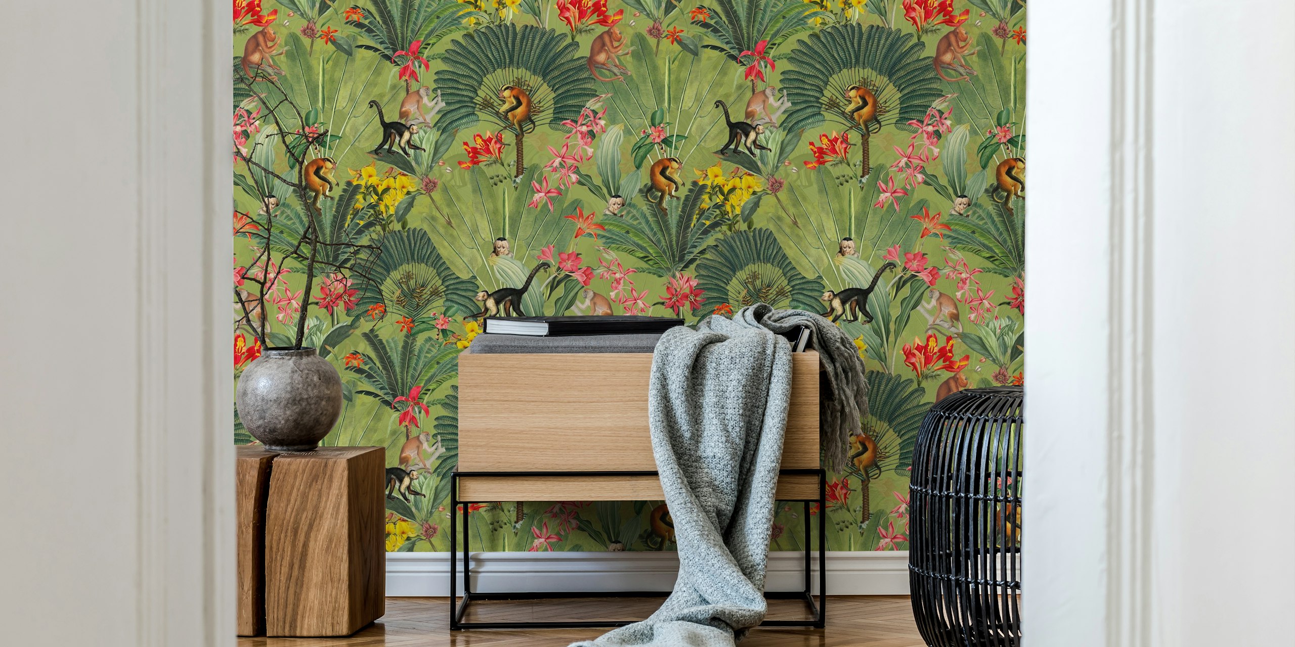 Monkeys and tropical flowers on green background wallpaper