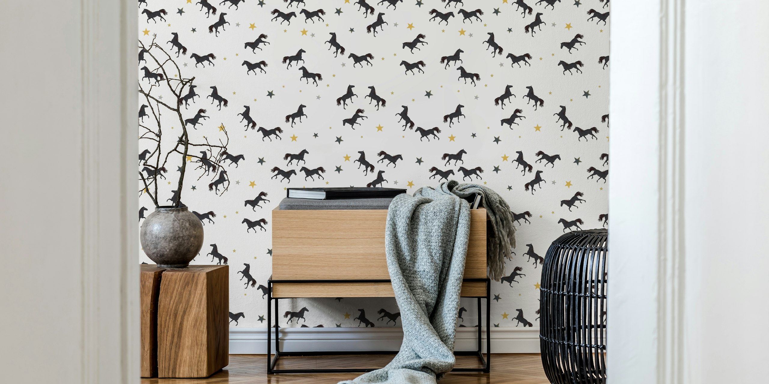 Black horse wallpaper with stars pattern