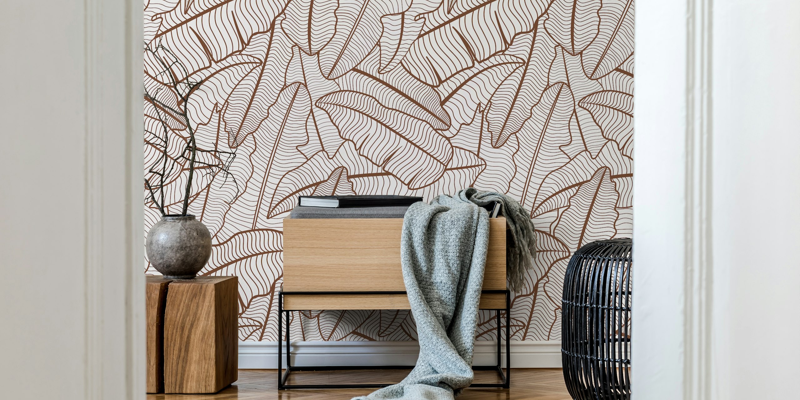 Cinnamon brown banana leaves line art wallpaper