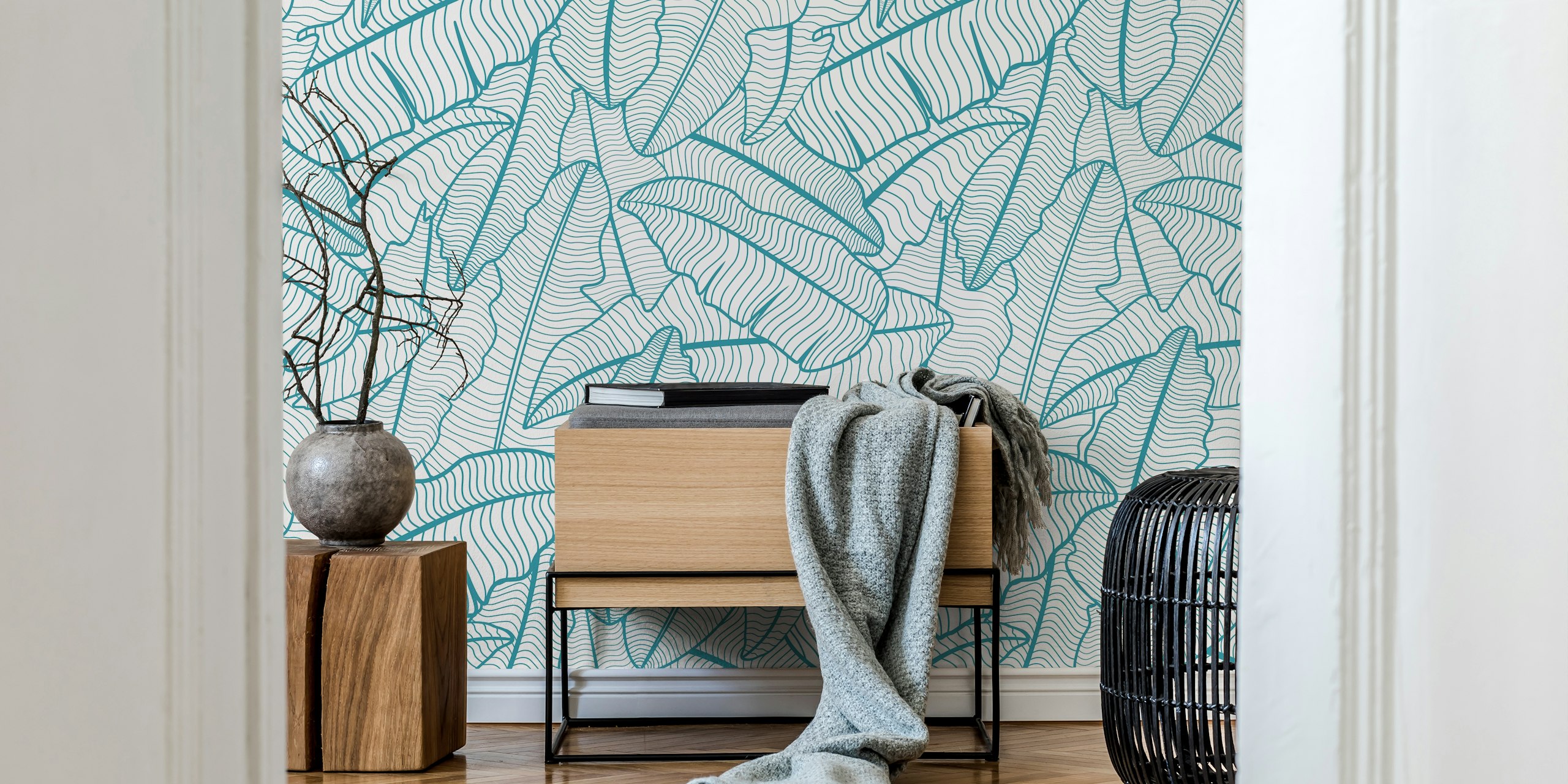Blue Lagoon Banana Leaves Line Art wallpaper