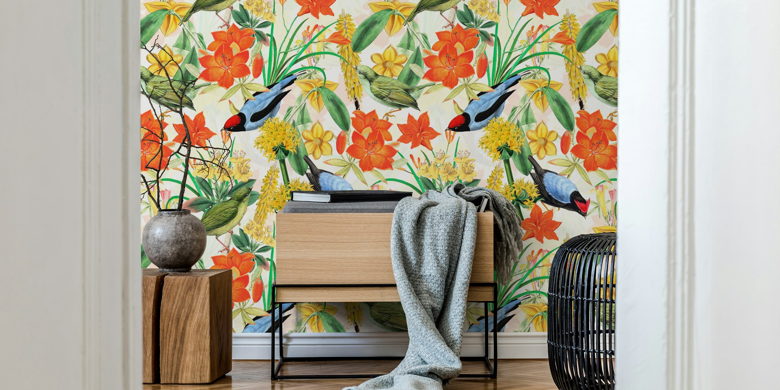 Colorful jungle flower and birds tapeta