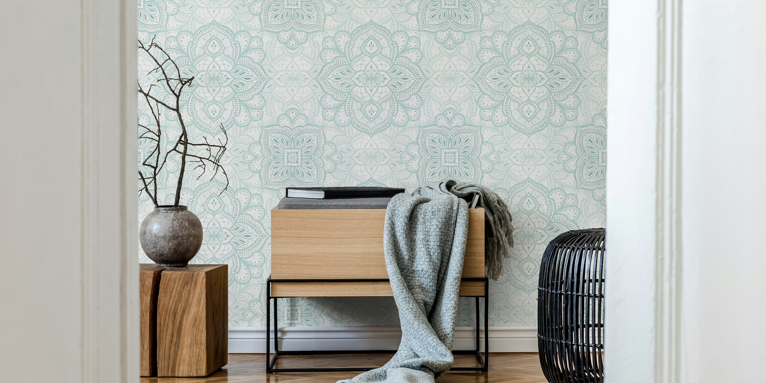 Blue and white intricate mandala design wallpaper