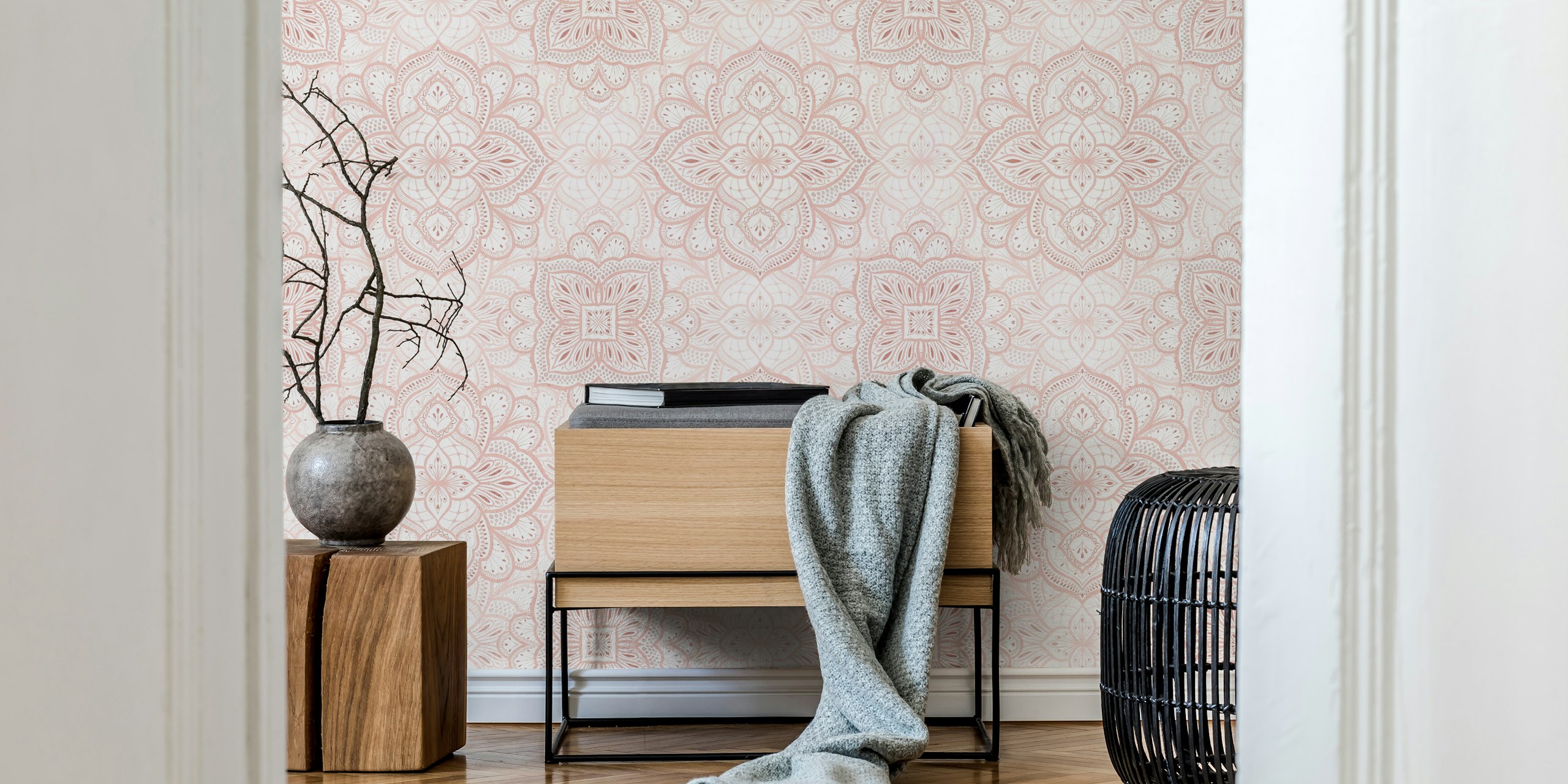 Blush pink mandala tile pattern wallpaper featuring intricate designs and floral motifs