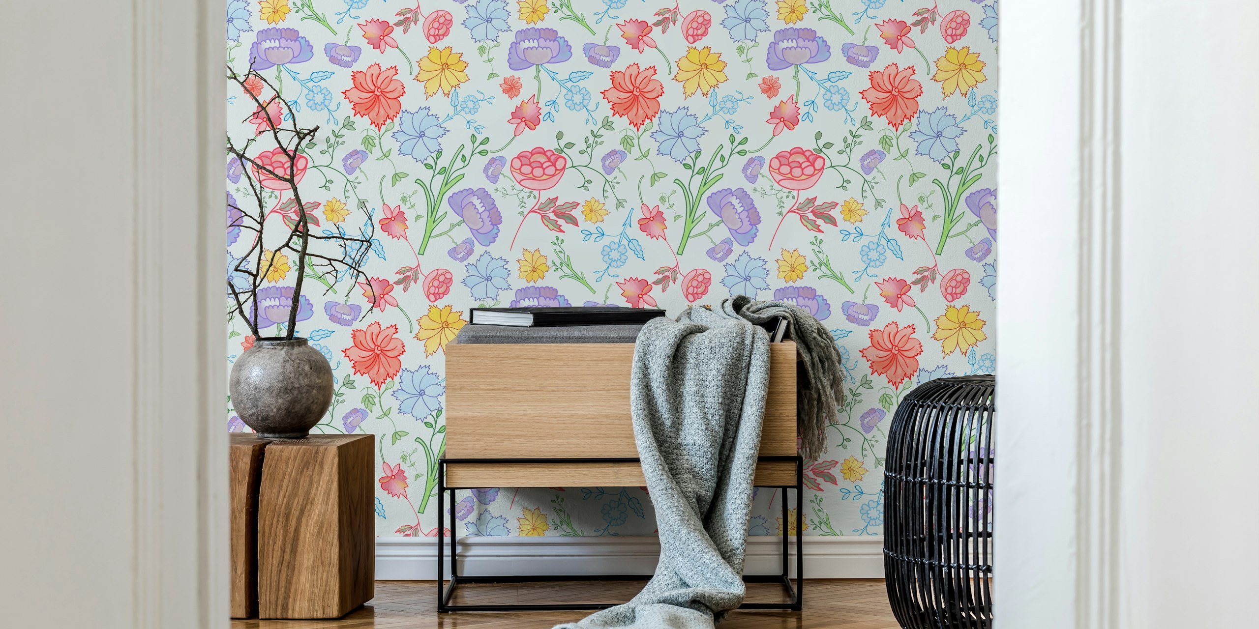 Chintzy floral wallpaper design in a room