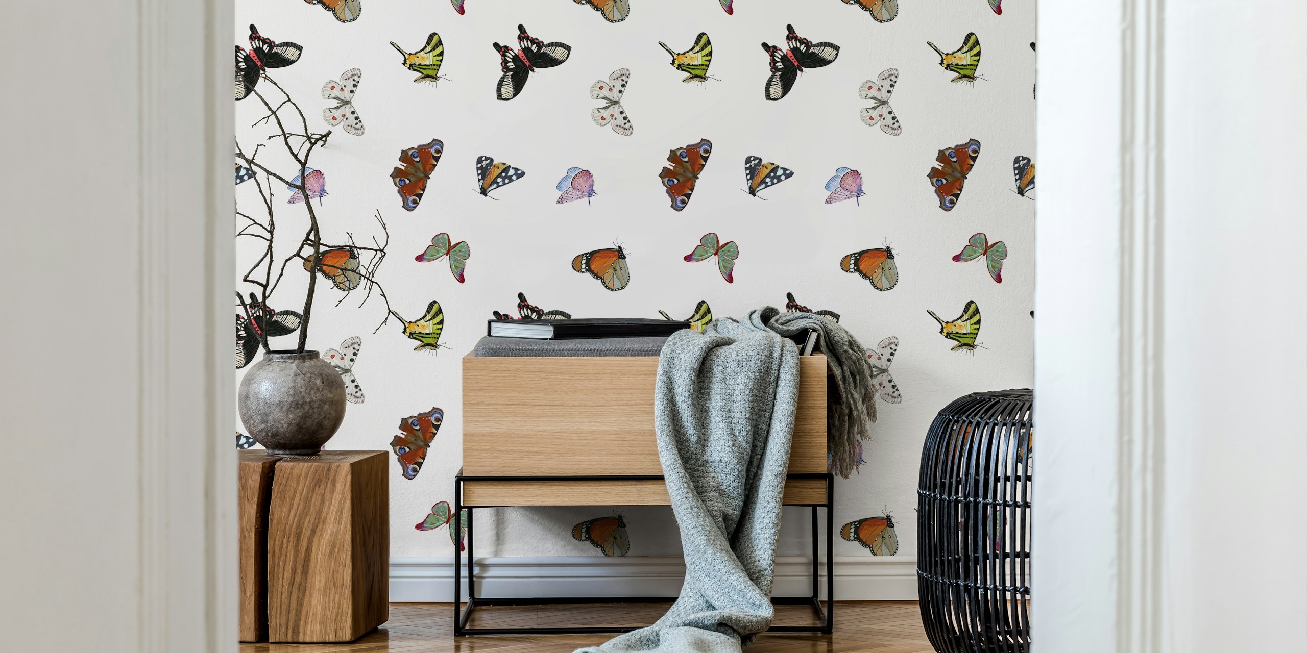 Butterflies white pattern tapet i et rum