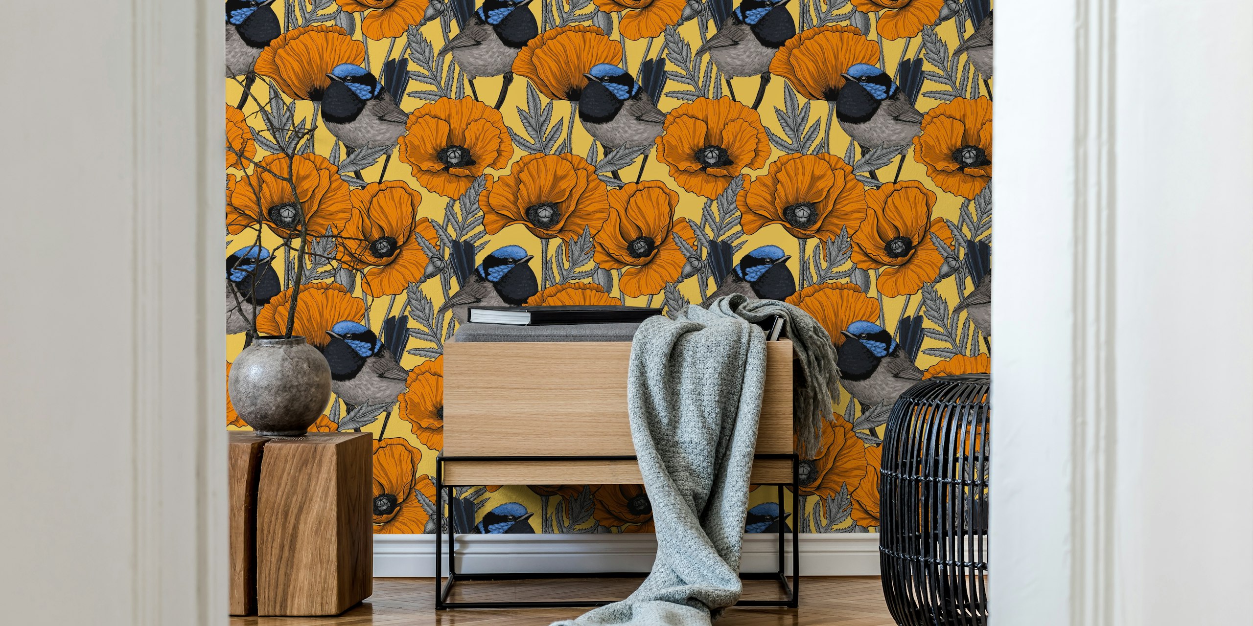 Orange poppies and fairy wrens on pastel yellow wallpaper