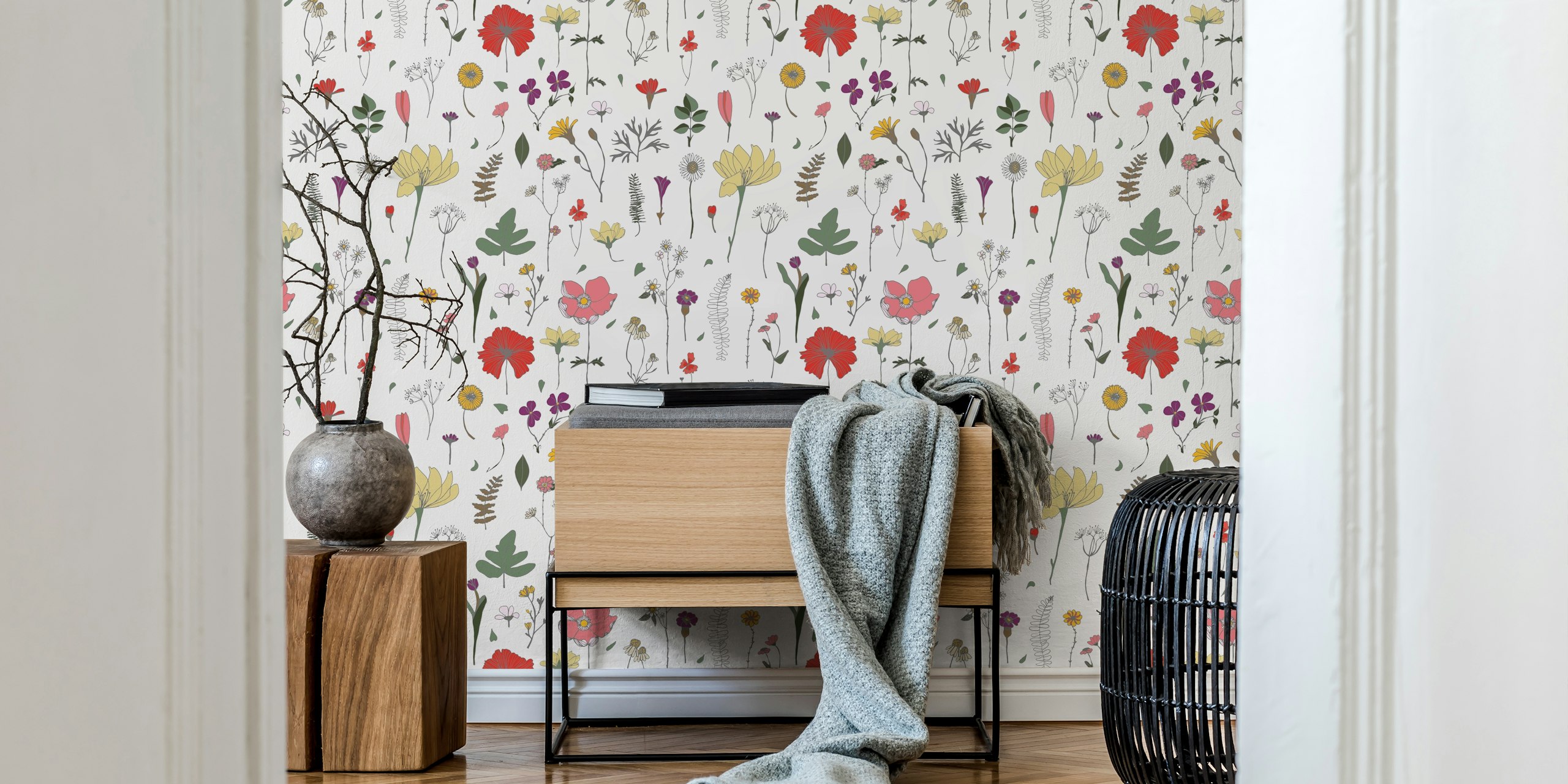 Blomstertapet med diverse pressede blomster på hvit bakgrunn
