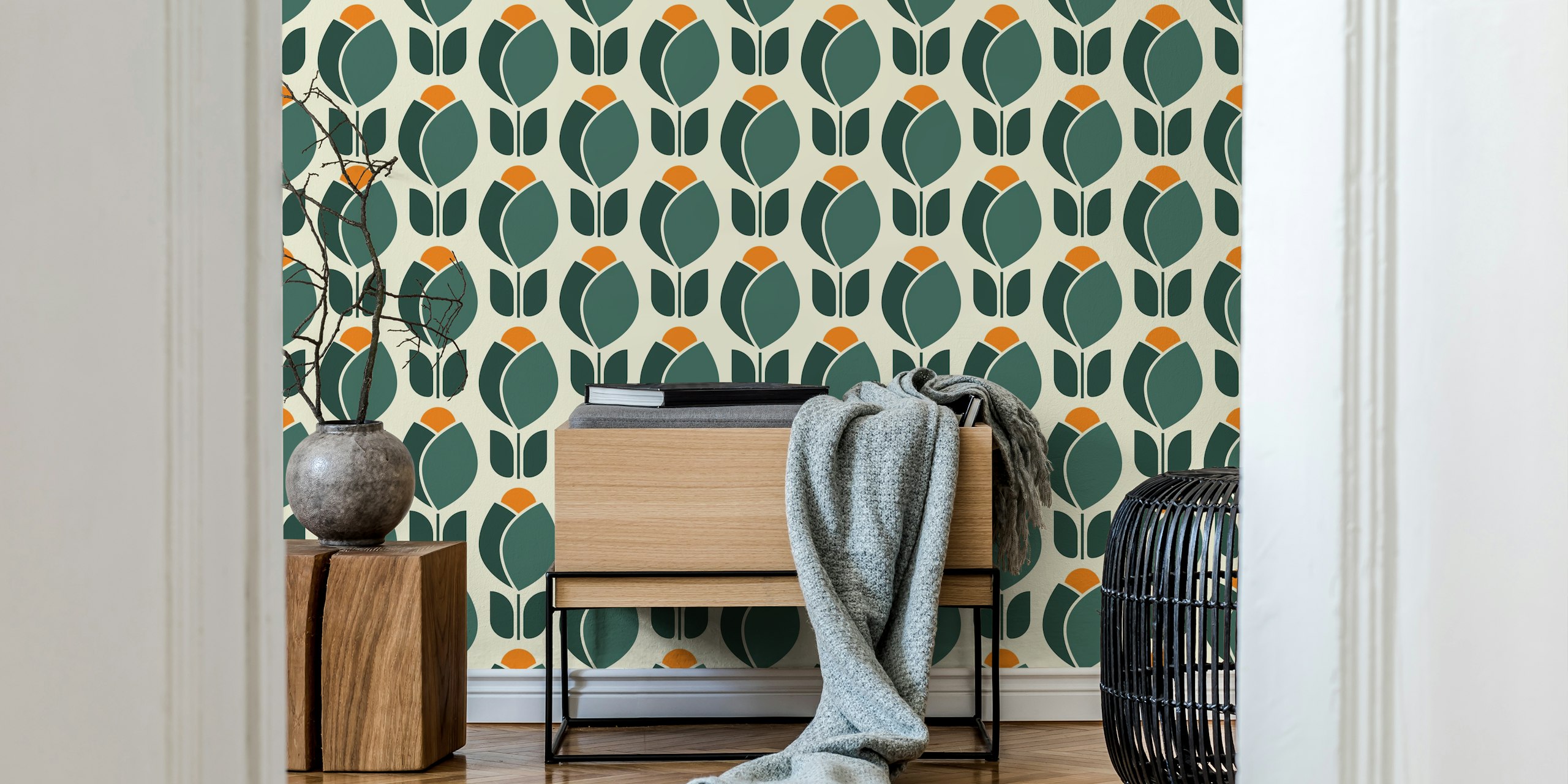 Stylized retro tulip pattern in green and orange wallpaper