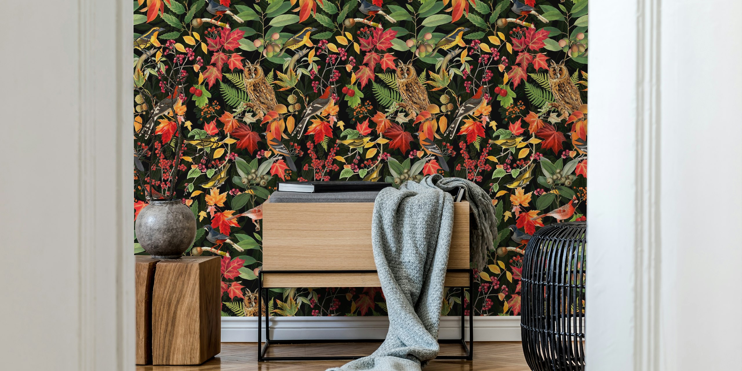 Autumn owl and colorful leaves on black background wallpaper