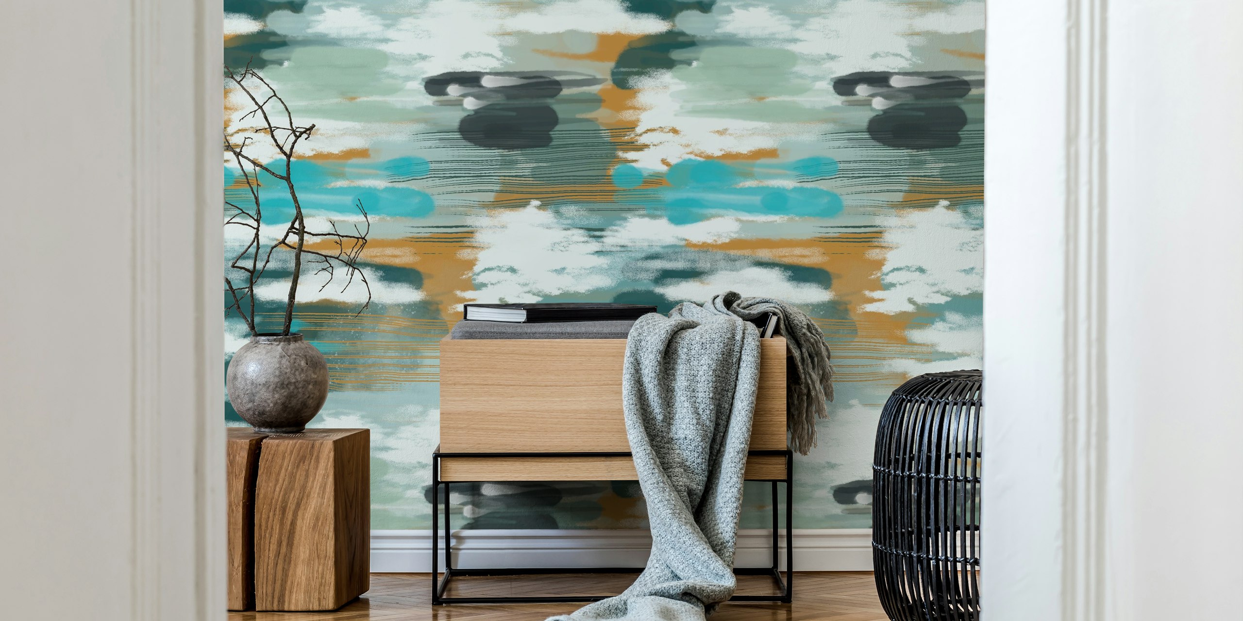 Tapeta Hypnotic Pattern Teal Mustard v pokoji