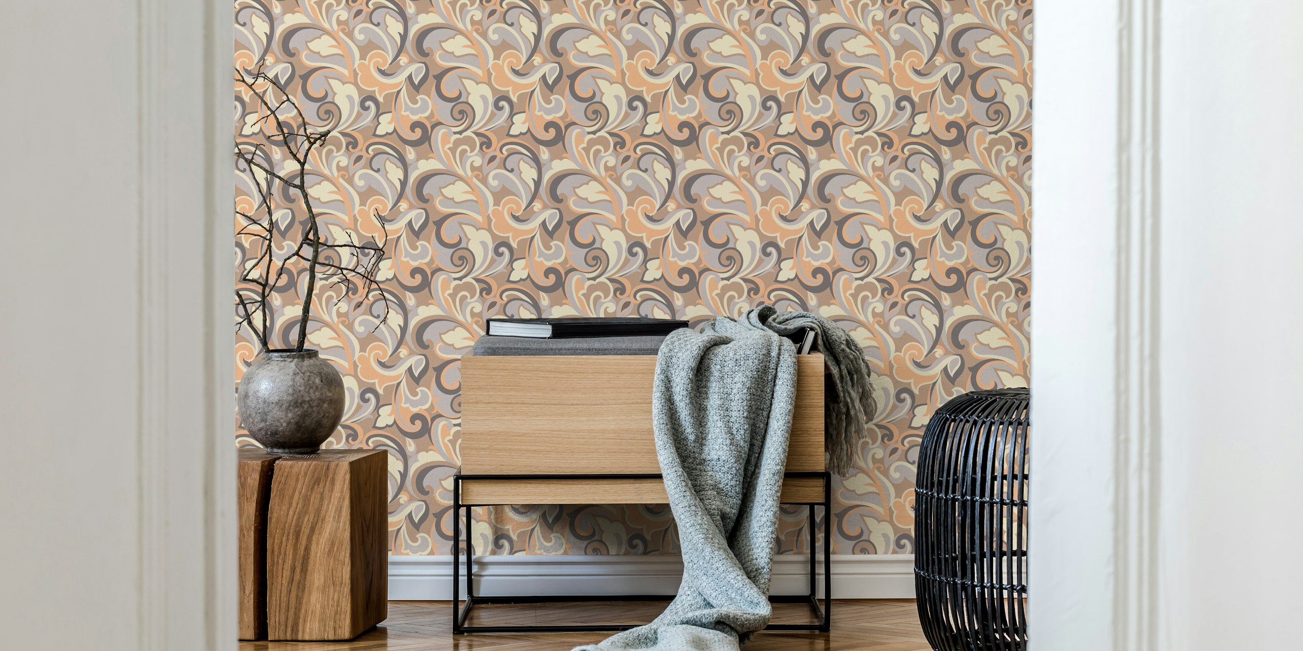 1970s neutral swirls in beige, peach, and gray tones wallpaper