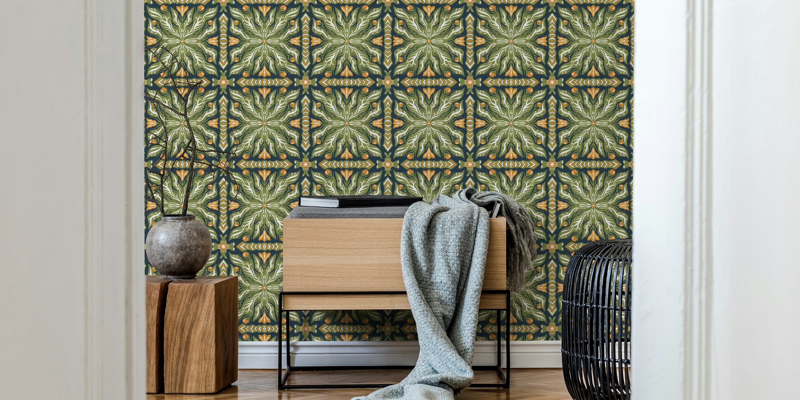 Green symmetrical garden pattern wall mural with intricate nature-inspired designs and gold accents.