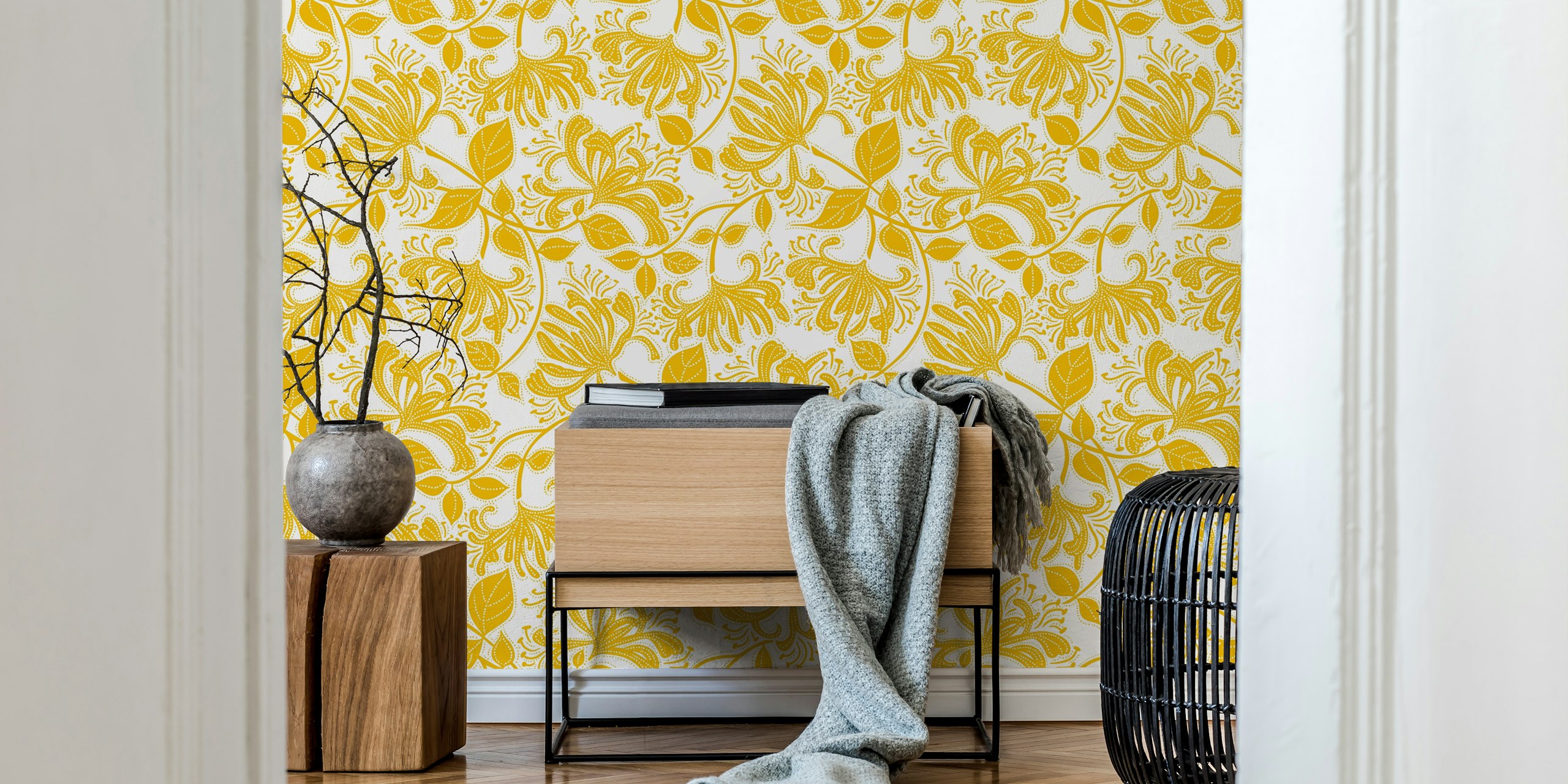 Honeysuckle stencil flowers wall mural in bumblebee yellow