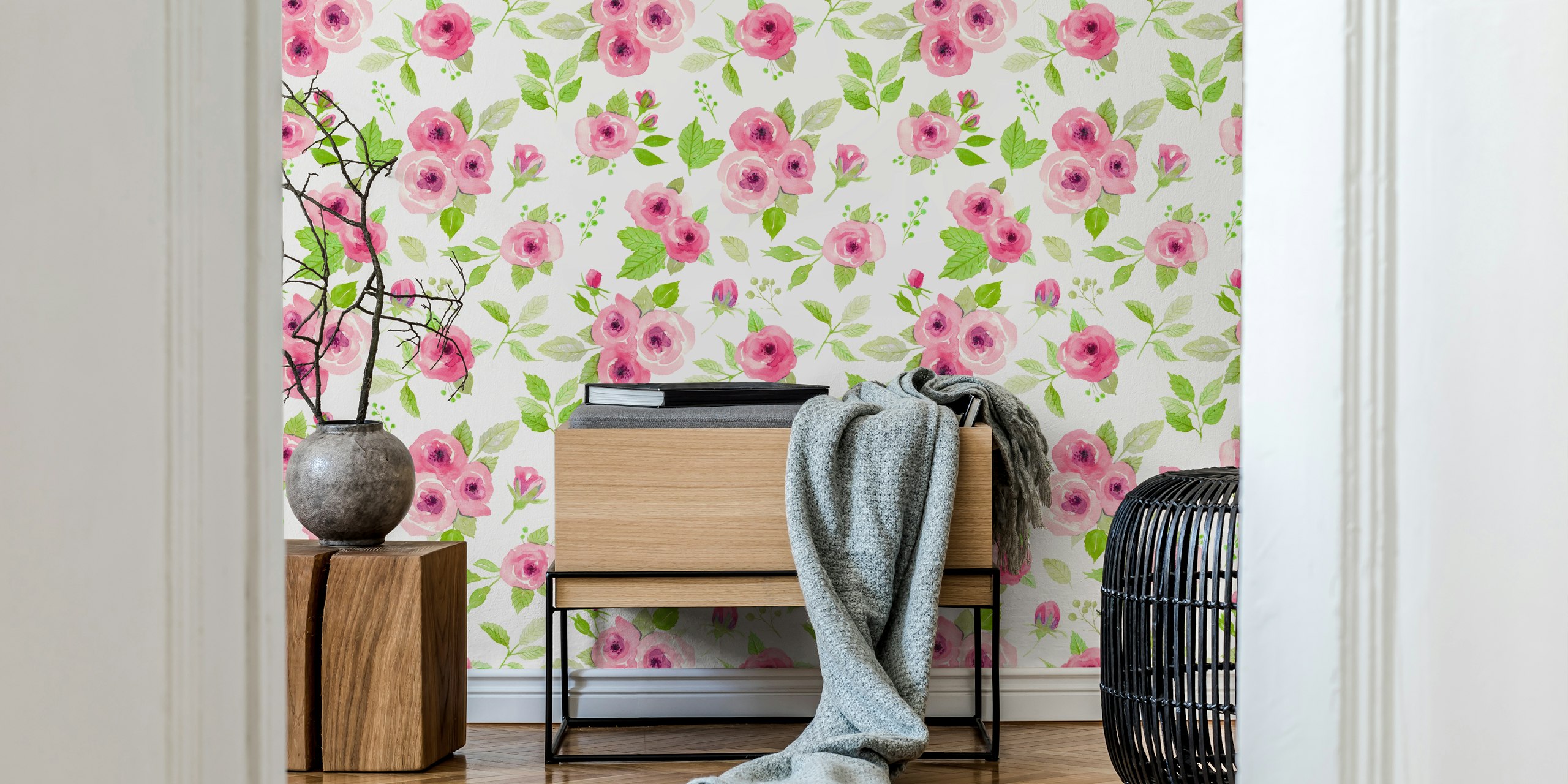 Watercolor red roses and green leaves wall mural