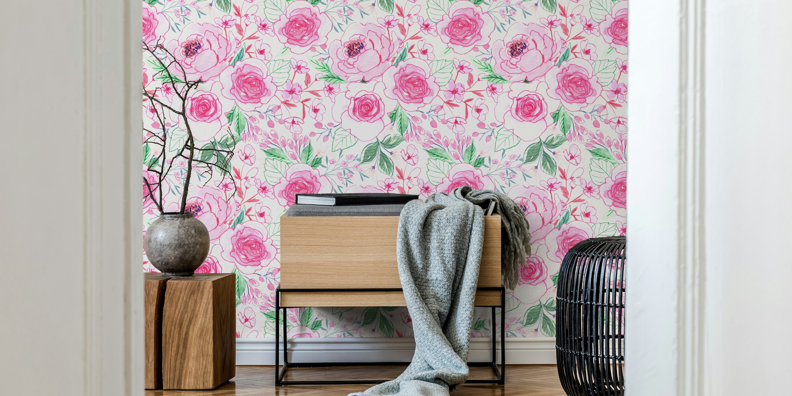 Elegante murale floreale ad acquerello rosa e verde